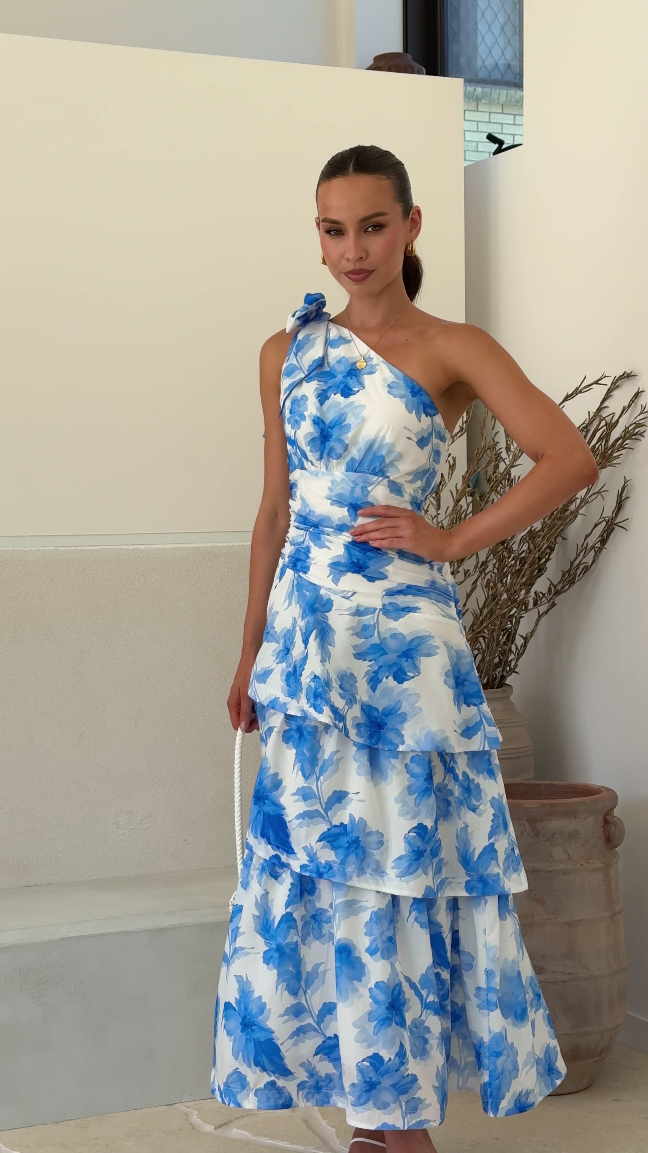 Load video: Odilie One Shoulder Maxi Dress - White/Blue Floral - Billy J