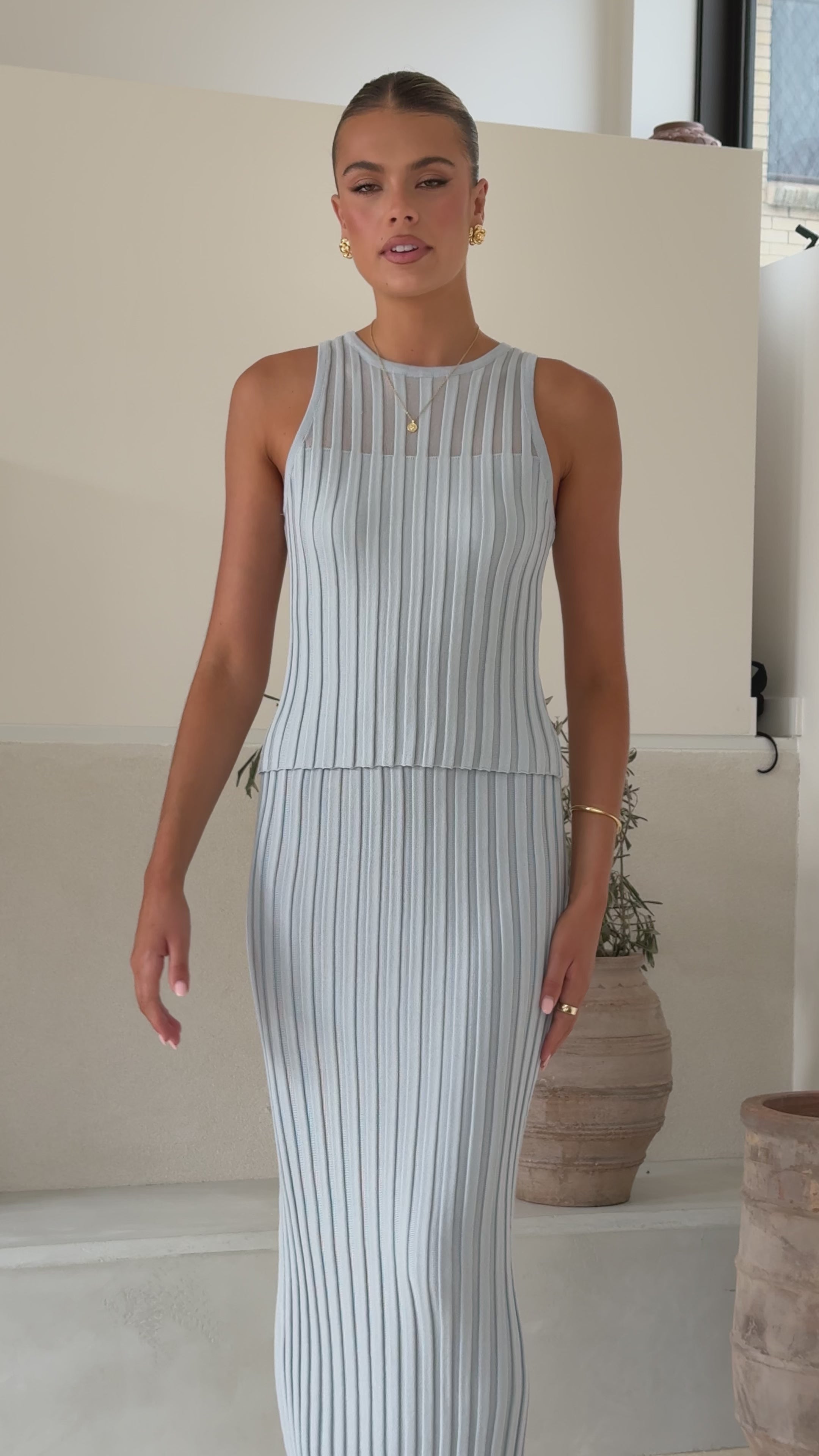 Load video: Gracie Knit Top and Skirt Set - Powder Blue - Billy J