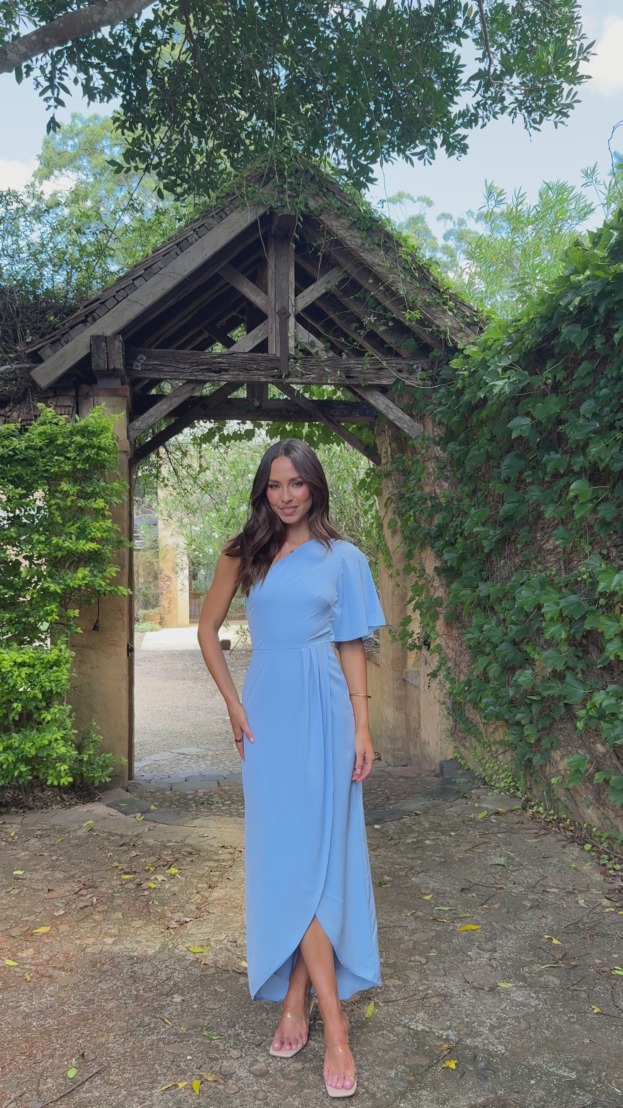 Load video: Emma One Sleeve Maxi Dress - Blue - Billy J