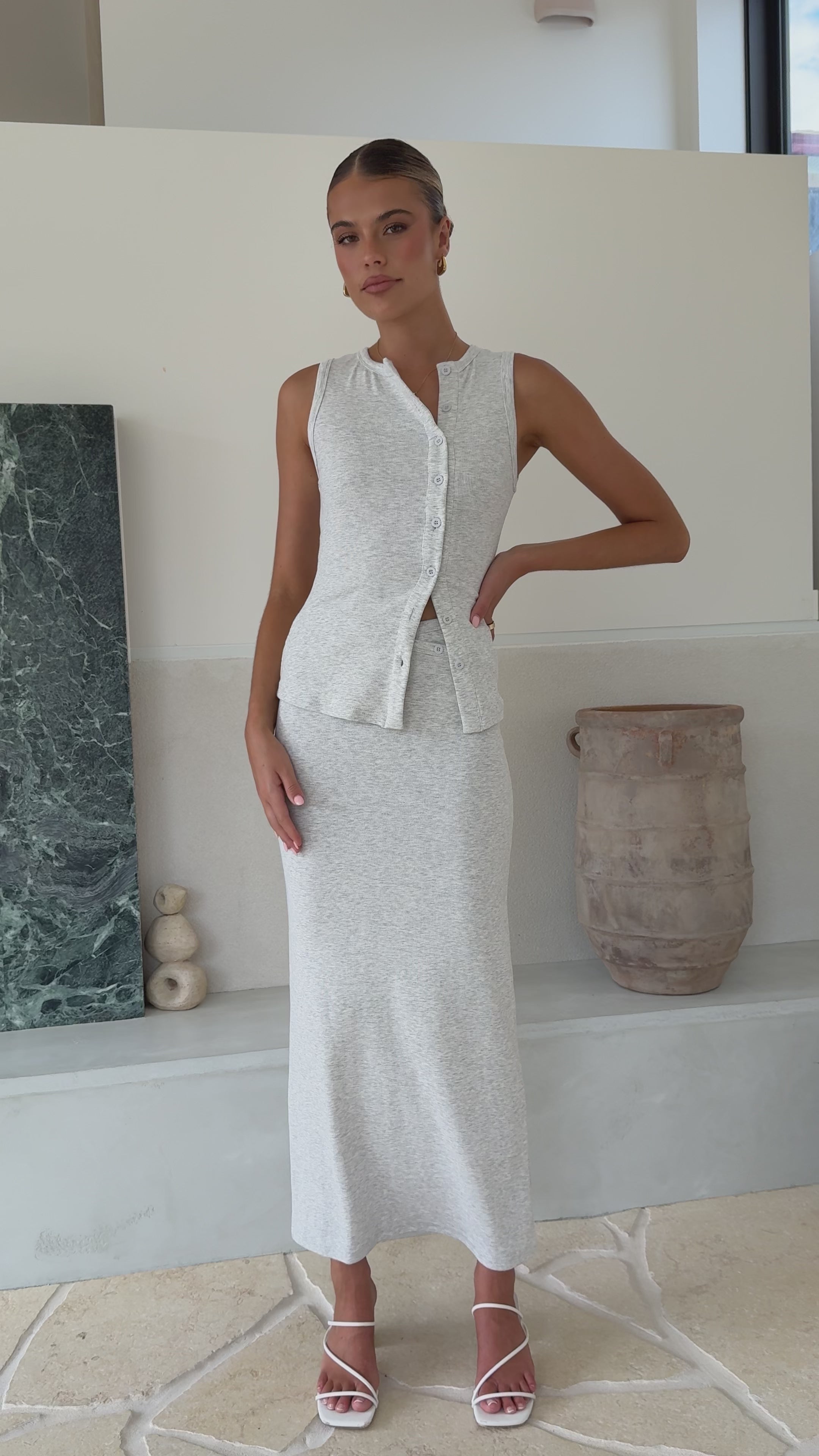 Load video: Rahela Button Top and Maxi Skirt Set - Grey Marle - Billy J