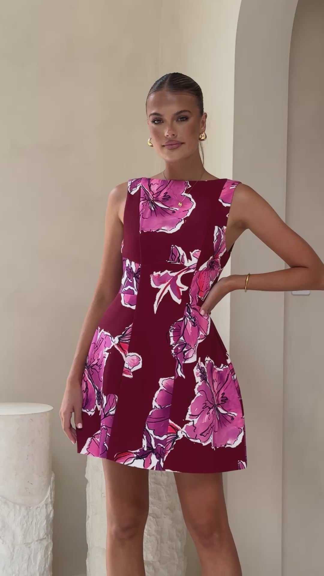Load video: Rafiki Mini Dress - Wine/Pink Floral - Billy J