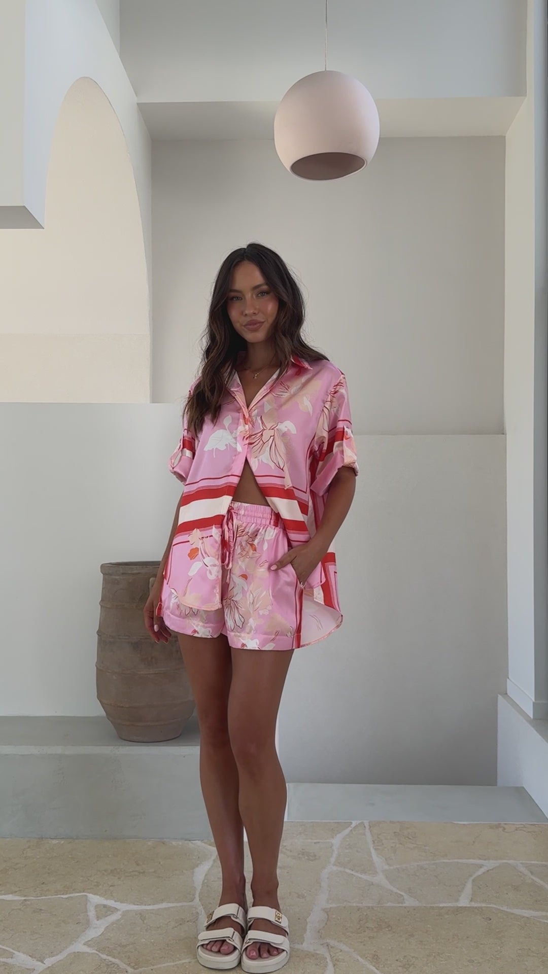 Load video: Vallerie Button Up Shirt - Pink/White Print - Billy J