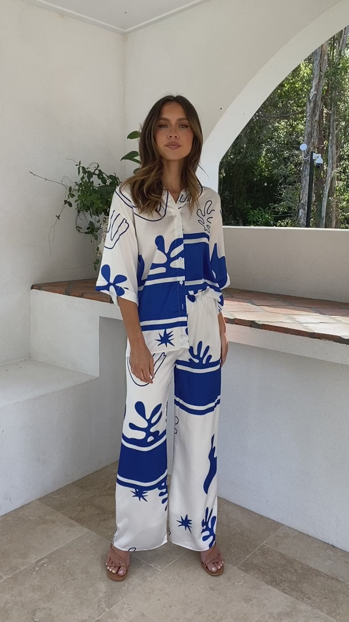Load video: Bailie Shirt and Pants Set - White/Blue - Billy J