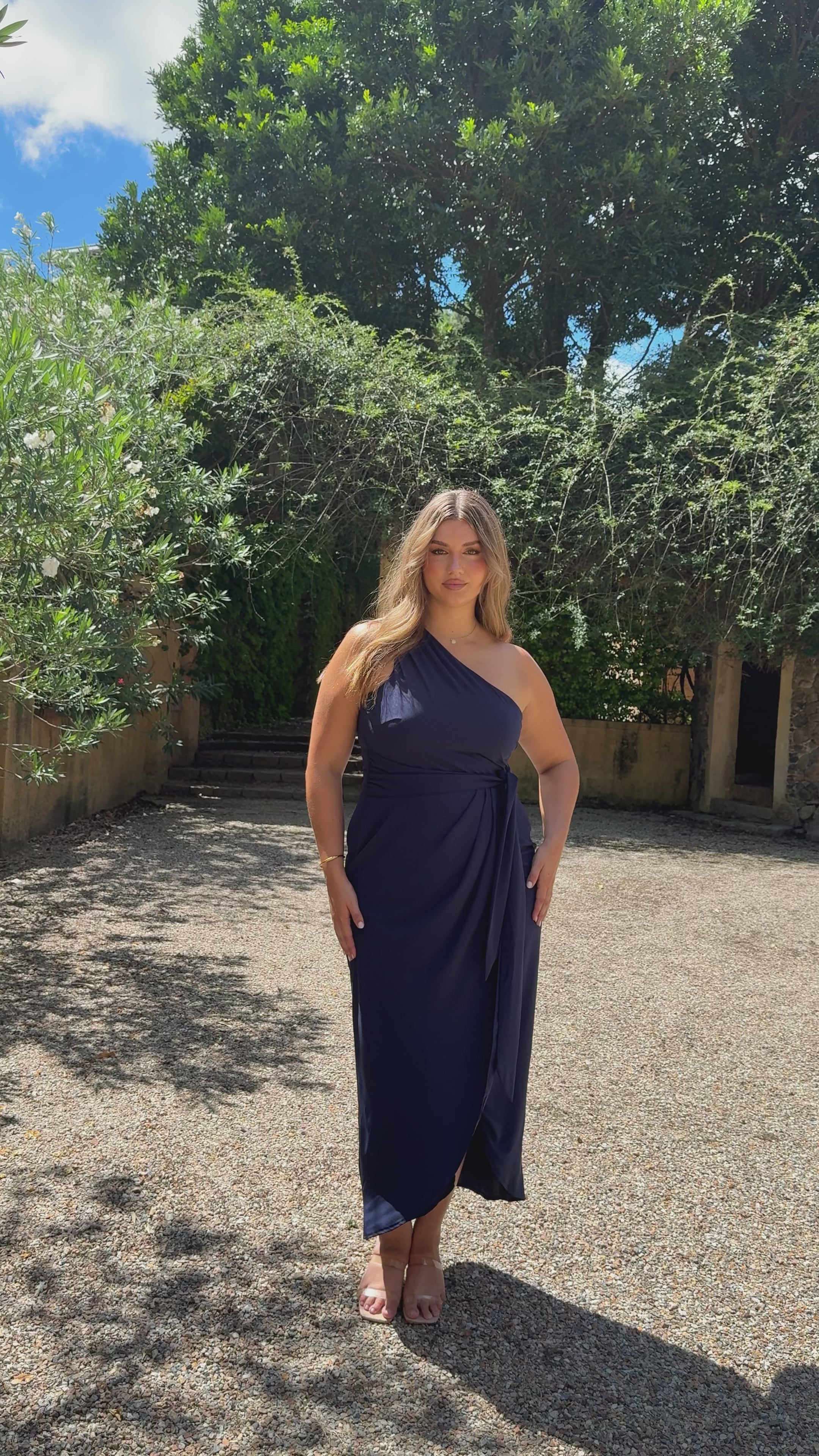 Load video: Clara One Shoulder Maxi Dress - Navy - Billy J