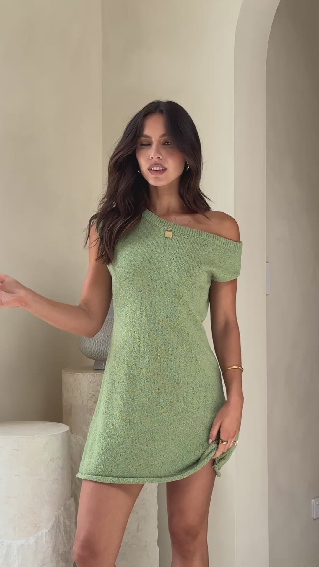 Load video: Robin Off Shoulder Mini Dress - Olive - Billy J