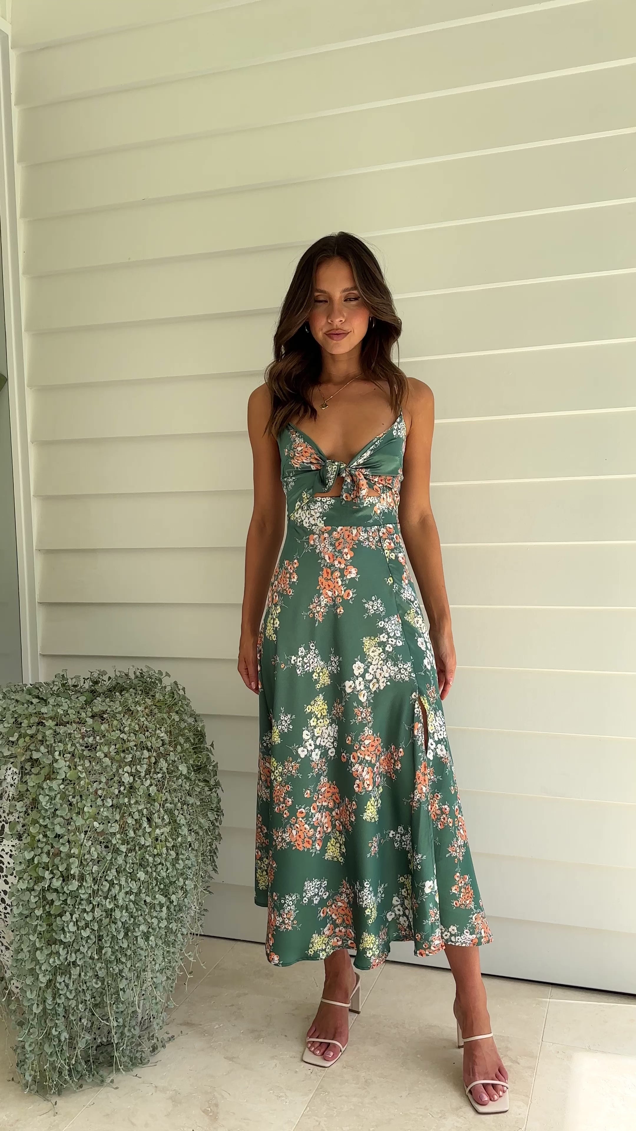Load video: Dreamers Midi Dress - Green Floral - Billy J