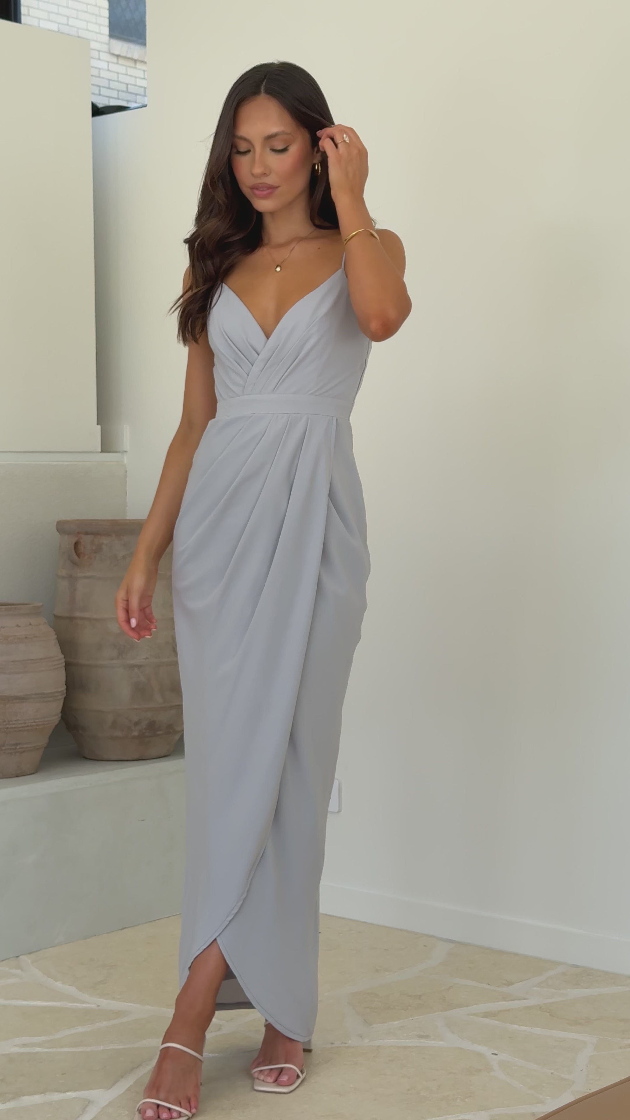 Load video: Charlotte Draped Maxi Dress - Light Grey - Billy J
