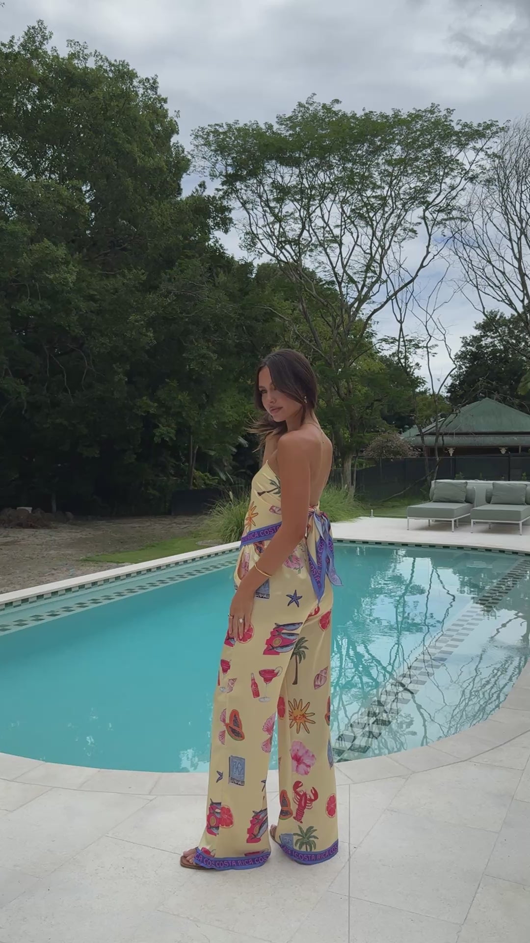 Load video: Costa Rica Satin Scarf Top and Pants Set - Yellow - Billy J