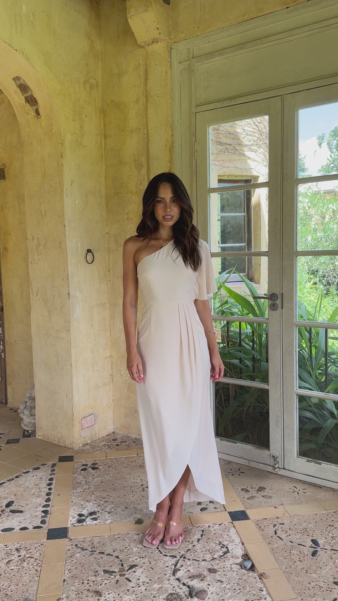 Load video: Emma One Sleeve Maxi Dress - Ivory - Billy J