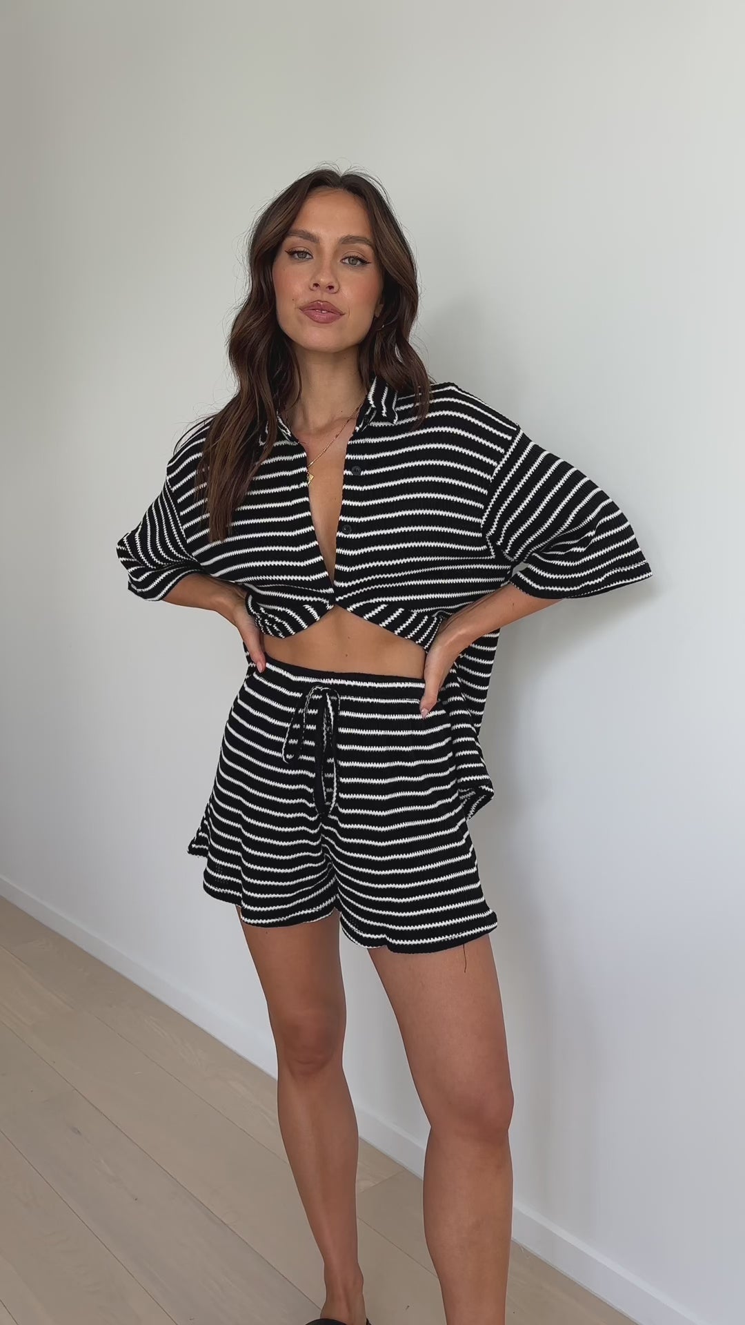 Load video: Lacole Button Up Shirt and Shorts Set - Black / White Stripe - Billy J