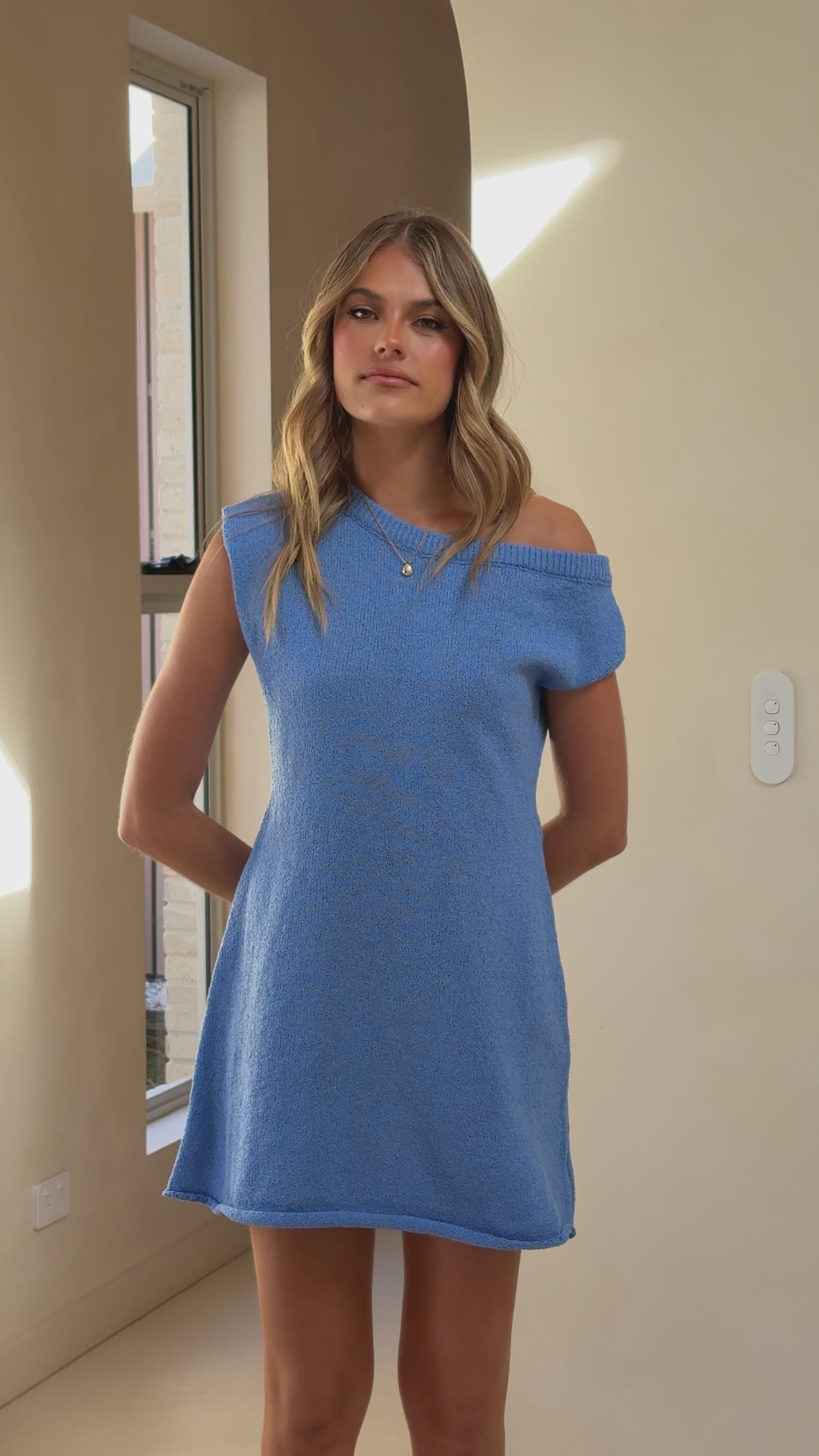 Load video: Robin Off Shoulder Mini Dress - Blue - Billy J