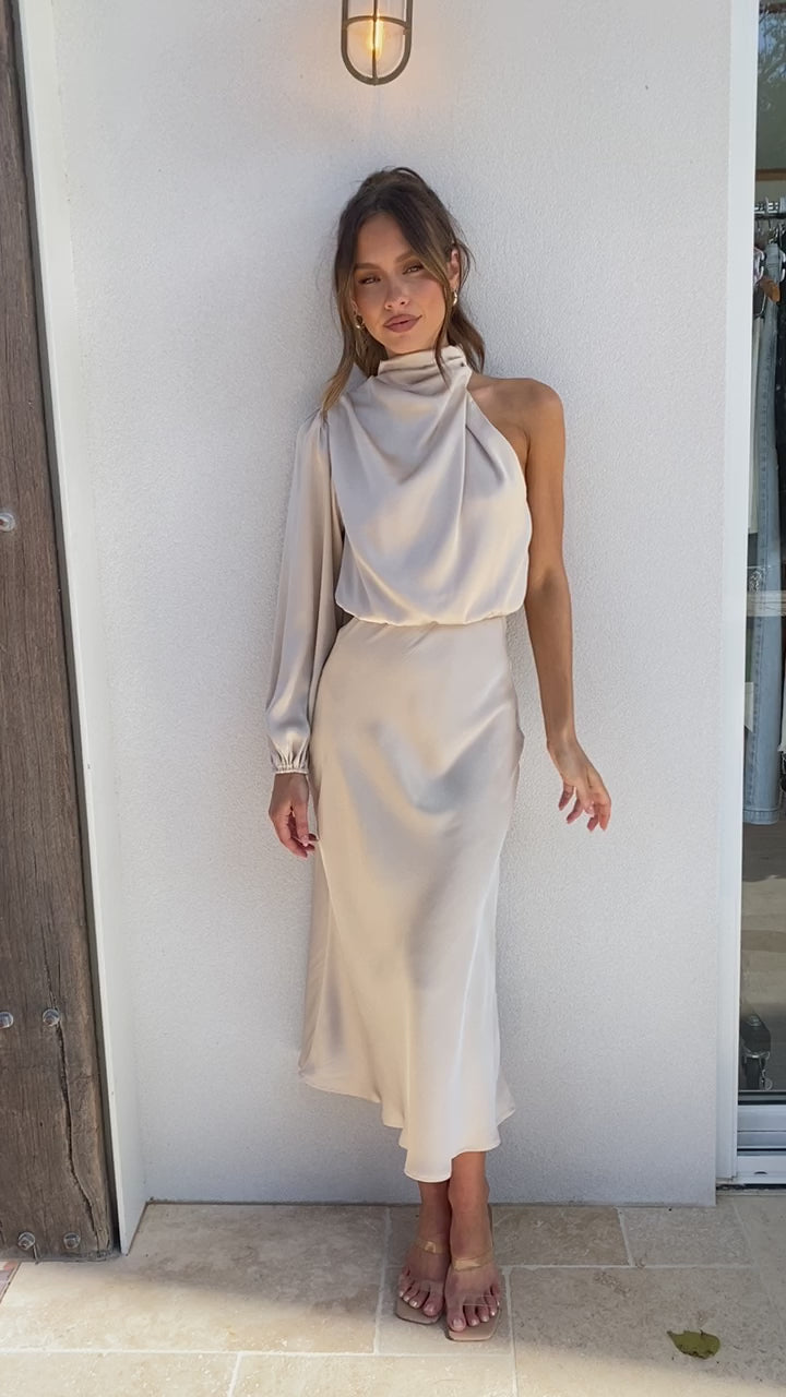 Load video: Esther One Shoulder Long Sleeve Dress - Champagne - Billy J