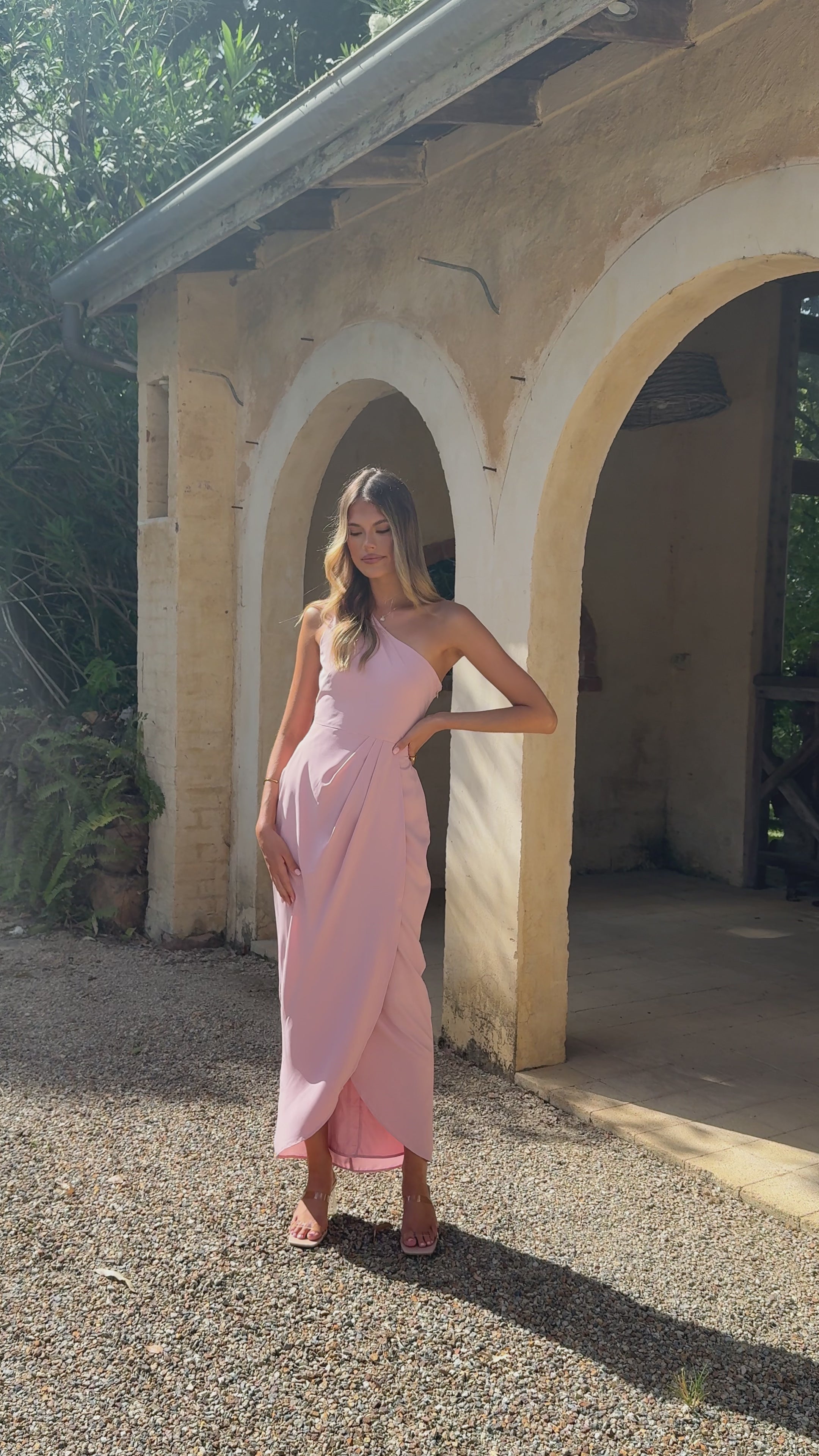 Load video: Clara One Shoulder Maxi Dress - Dusty Pink - Billy J
