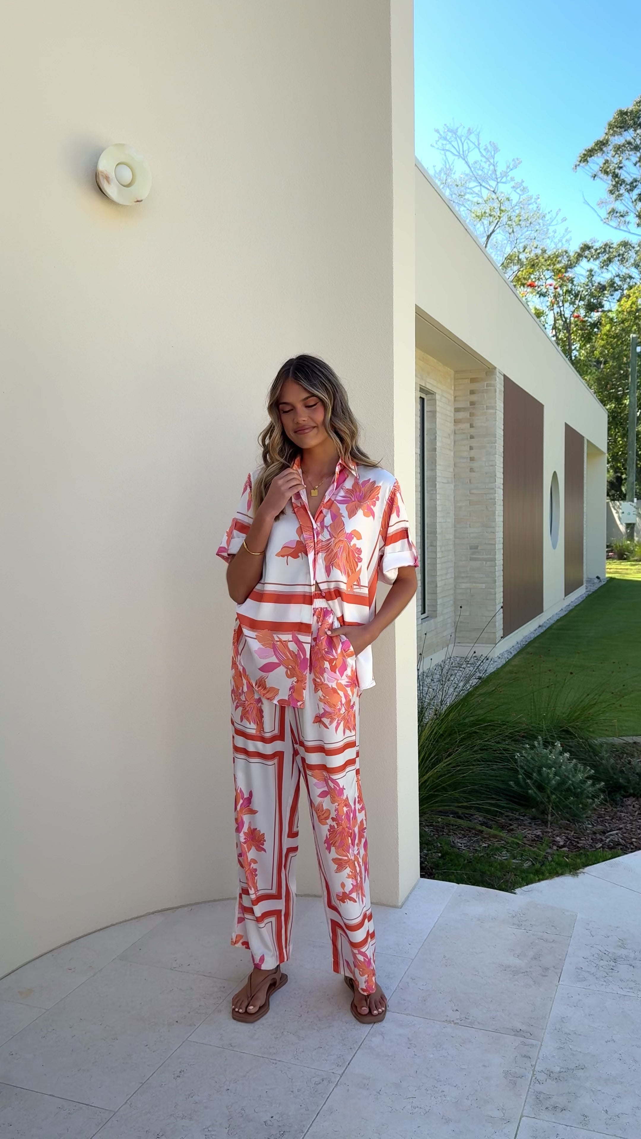 Load video: Vallerie Button Up Shirt - Orange/White Print - Billy J