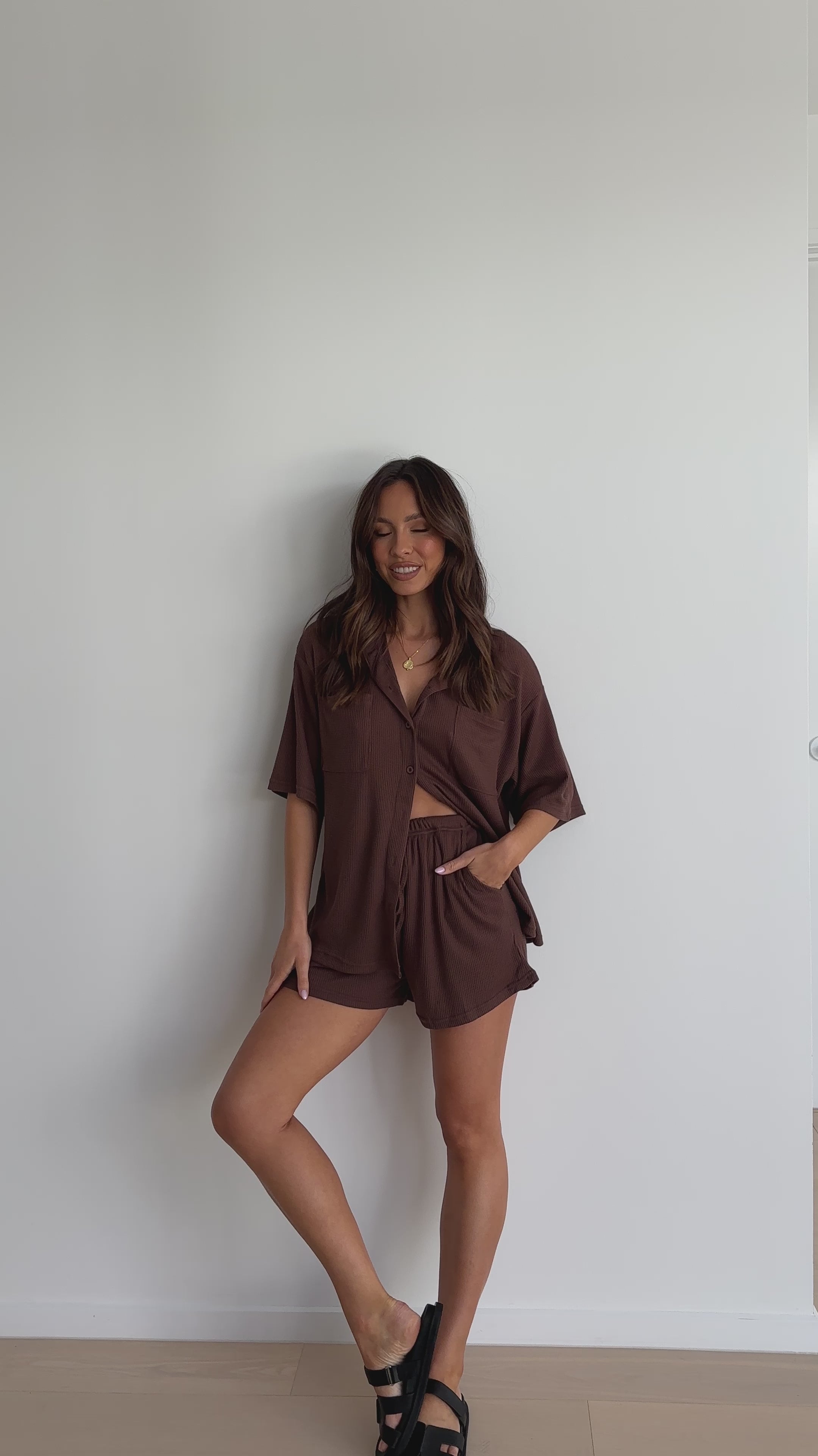 Load video: Machiko Button Up Shirt and Shorts Set - Brown Waffle Knit - Billy J