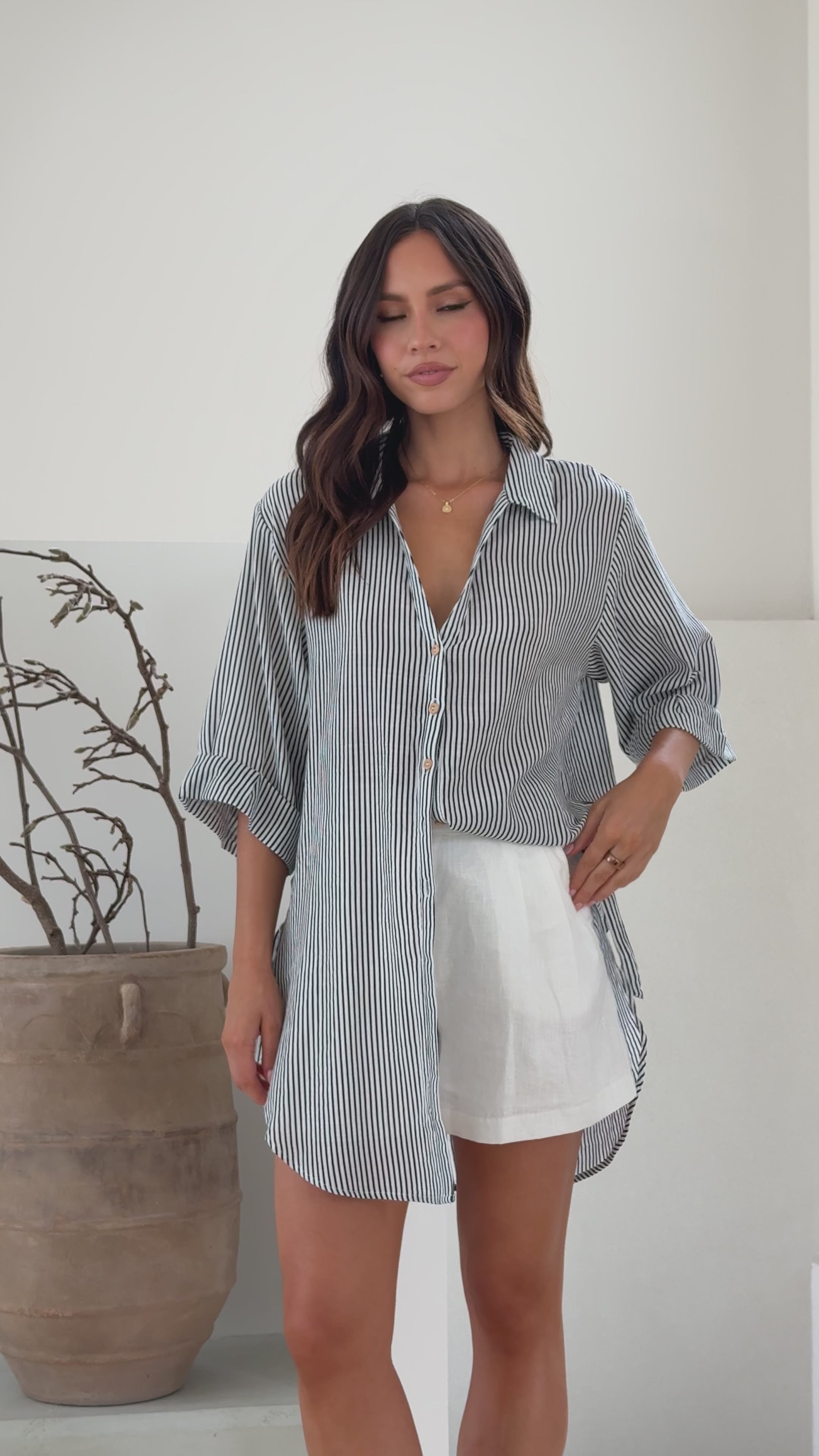 Load video: Lucia Shirt - Black/White Stripe - Billy J