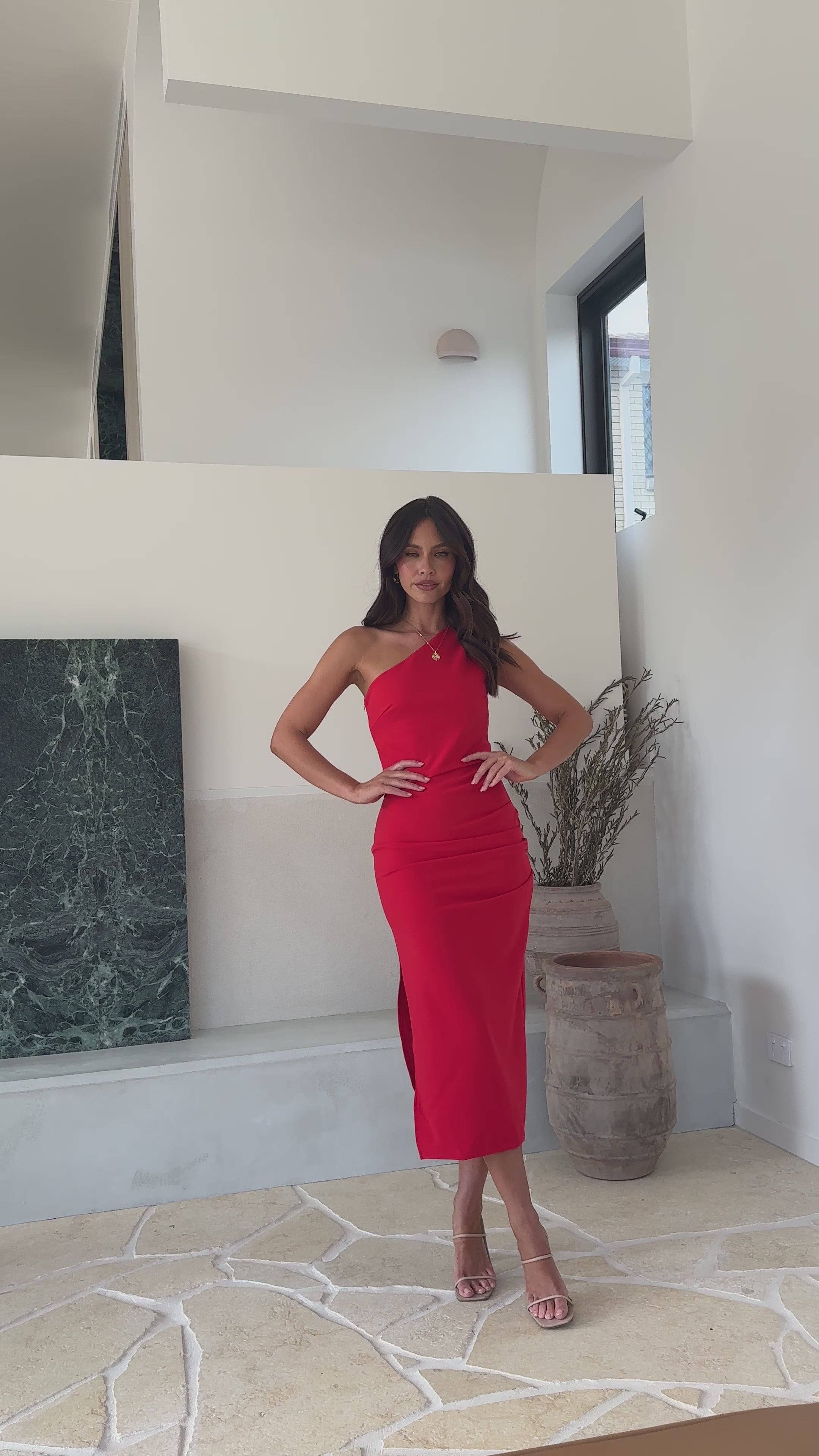 Load video: Alaina Midi Dress - Red - Billy J