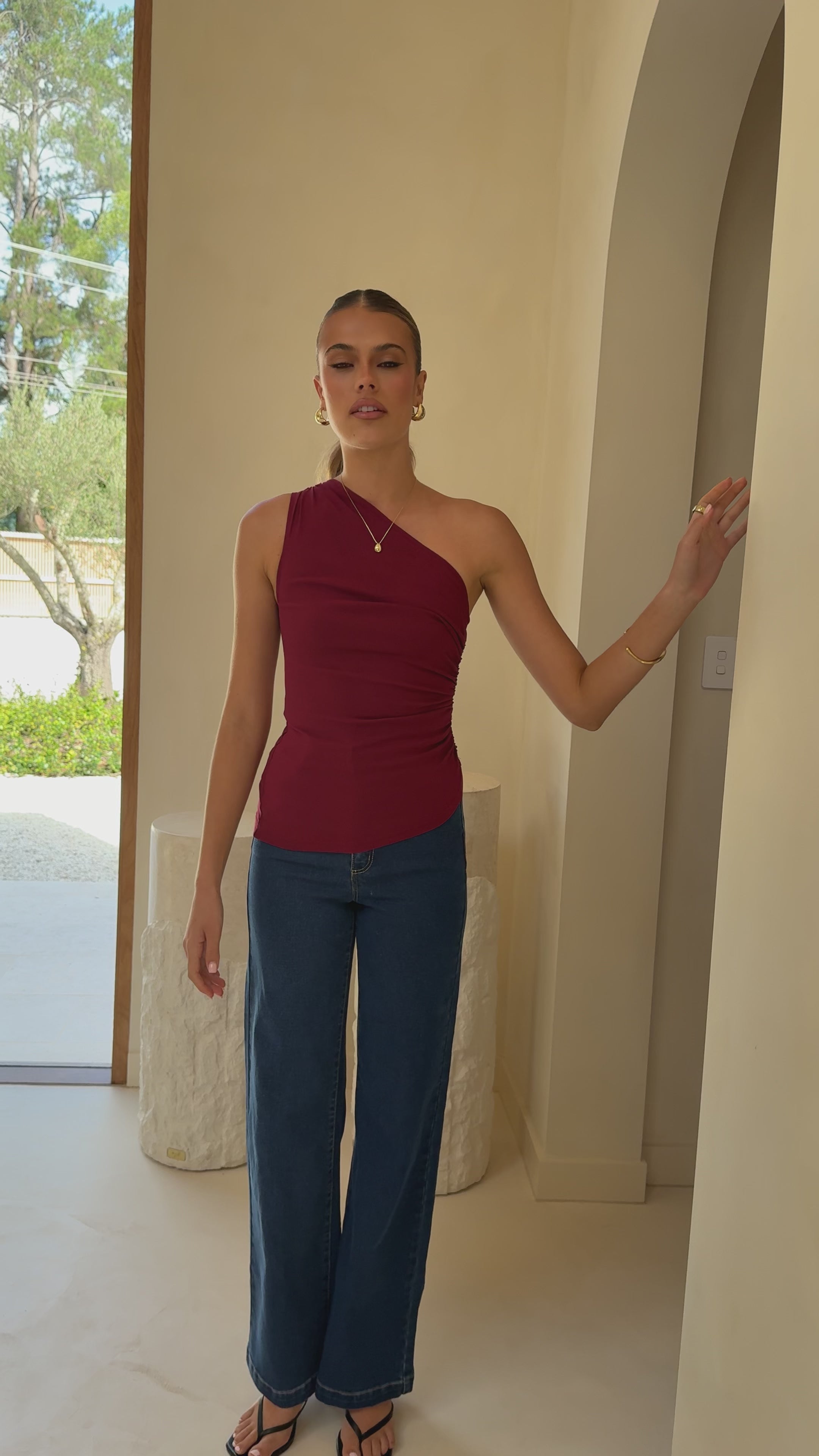Load video: Cynthia One Shoulder Top - Wine - Billy J