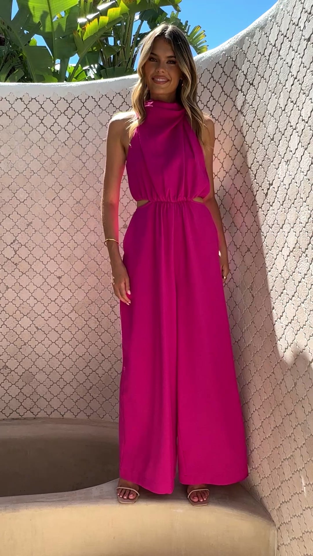 Load video: Lara Halter Neck Wide Leg Jumpsuit - Pink - Billy J