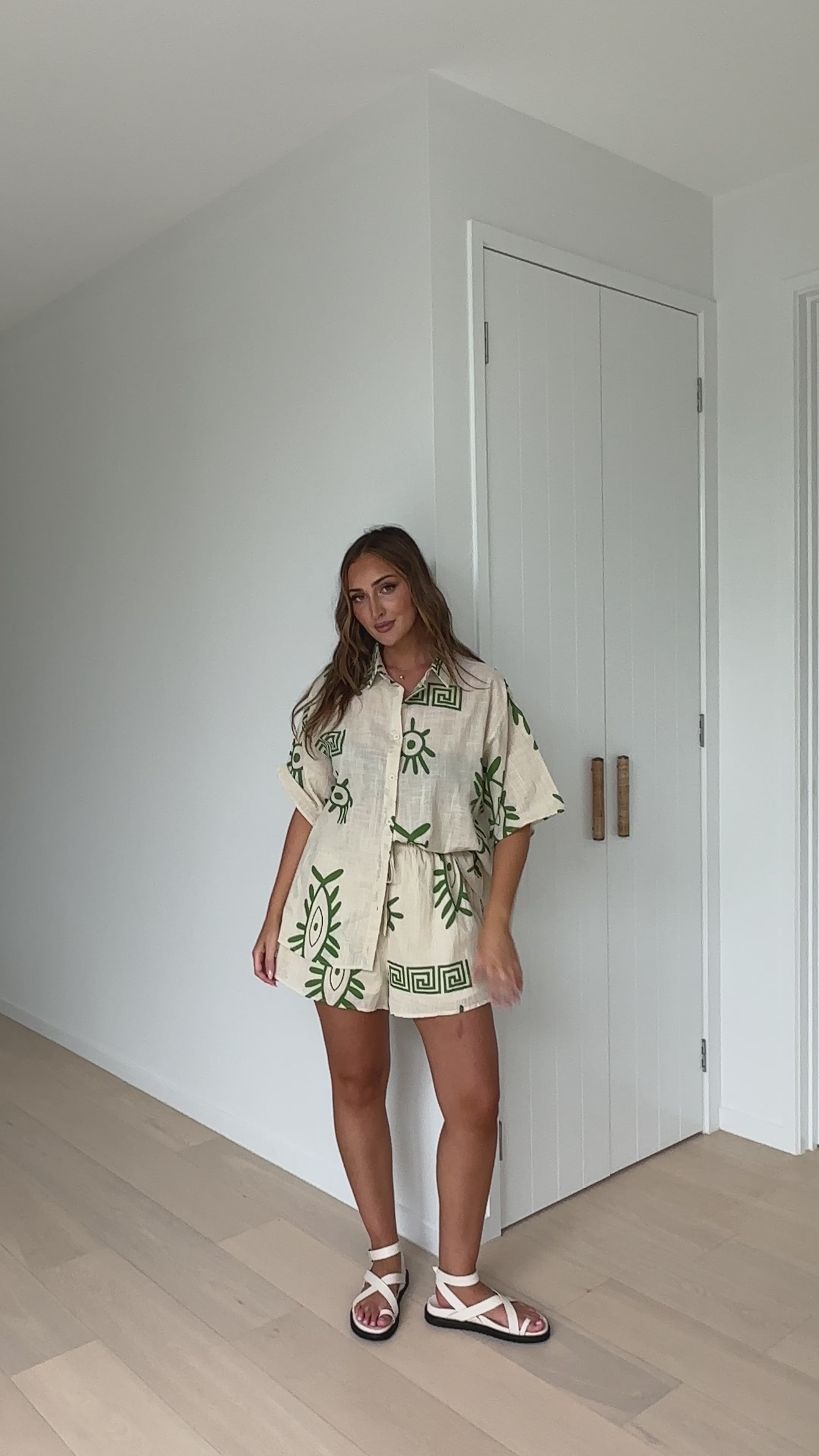 Load video: Charli Button Up Shirt and Shorts Set - Beige/Green Aztec - Billy J