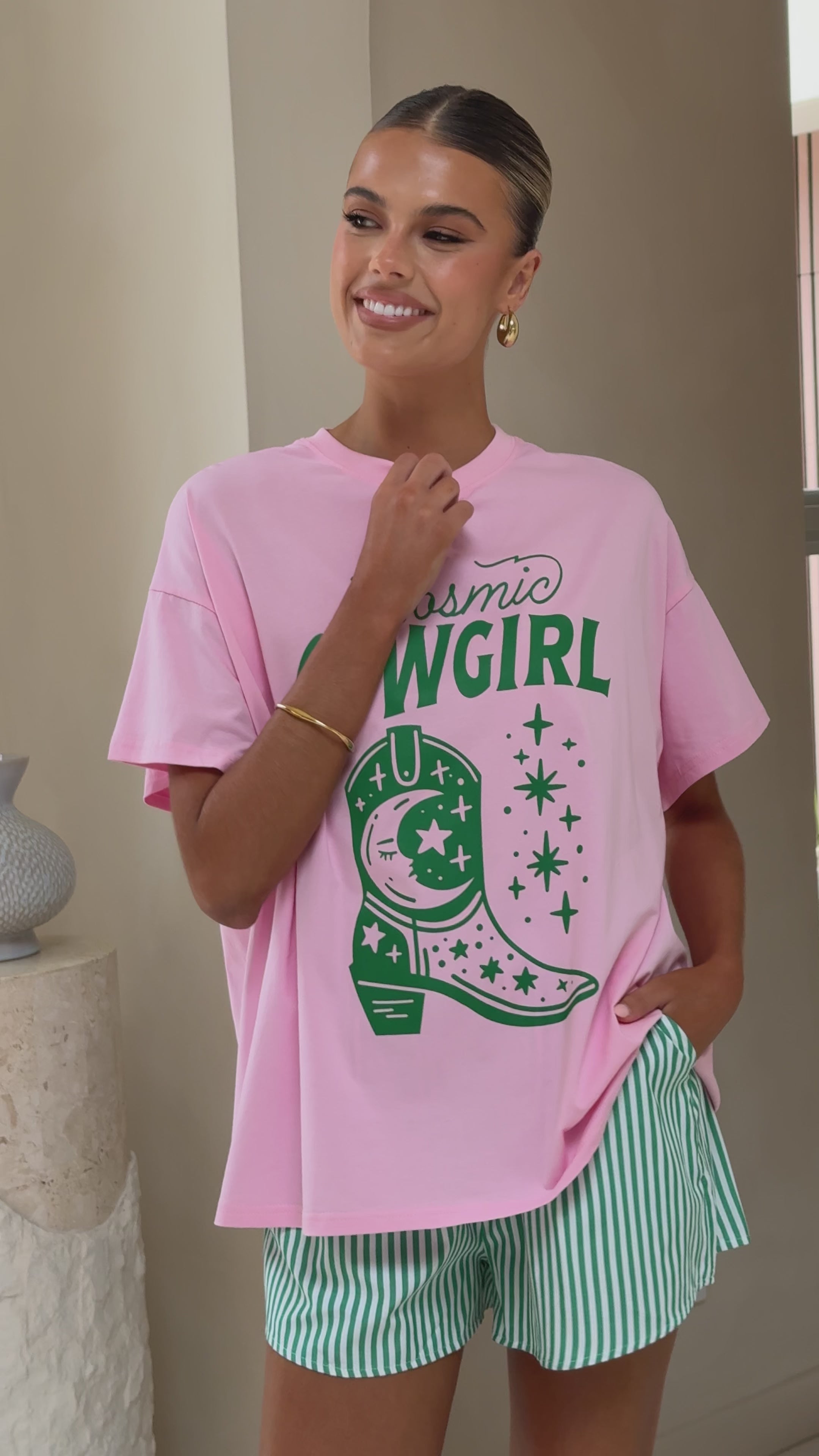 Load video: Cosmic Cowgirl Top and Shorts Set - Pink/Green - Billy J