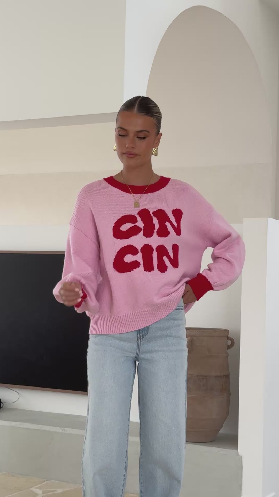 Load video: Cin Cin Sweater - Pink / Red - Billy J