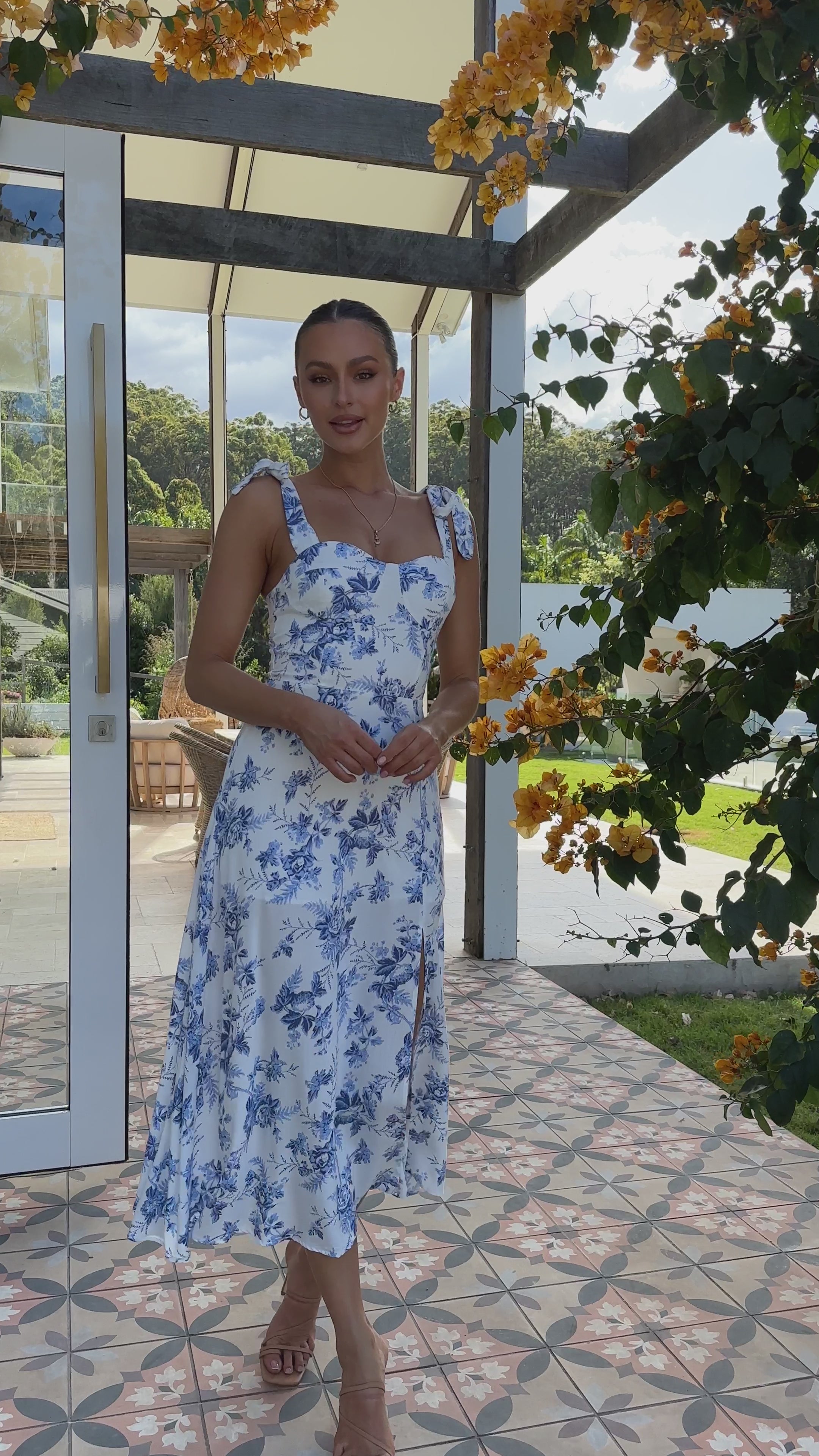 Load video: Alessandra Tie Up Midi Dress - Blue Floral - Billy J