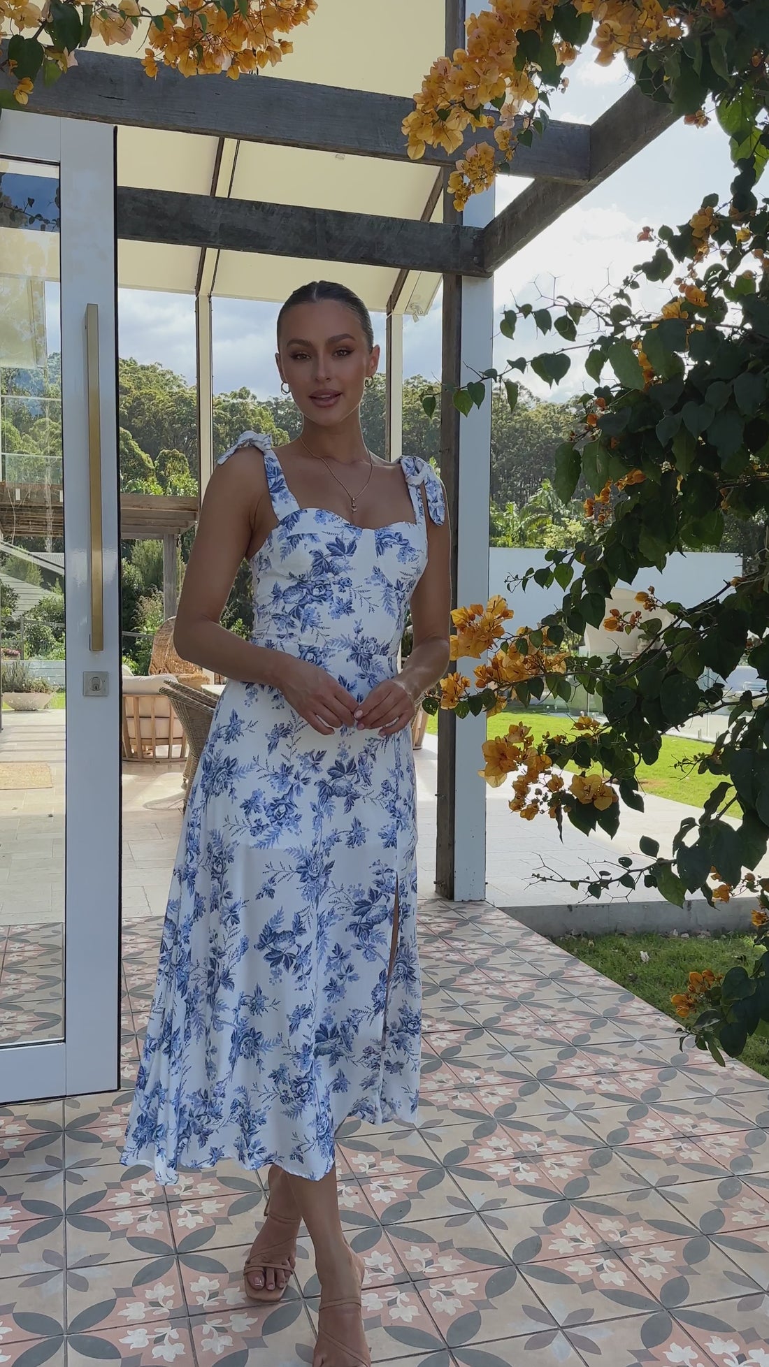 Alessandra Tie Up Midi Dress - Blue Floral - Billy J