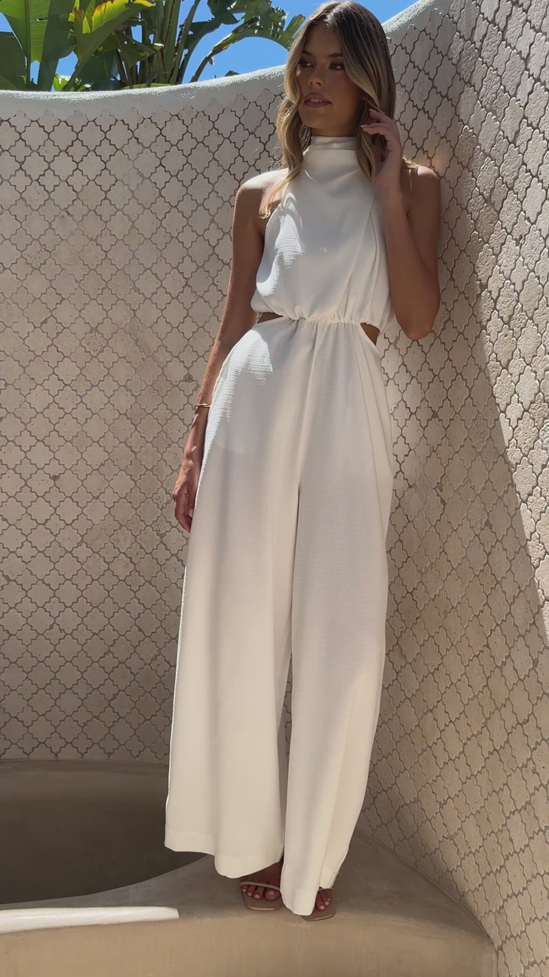 Load video: Lara Halter Neck Wide Leg Jumpsuit - White - Billy J