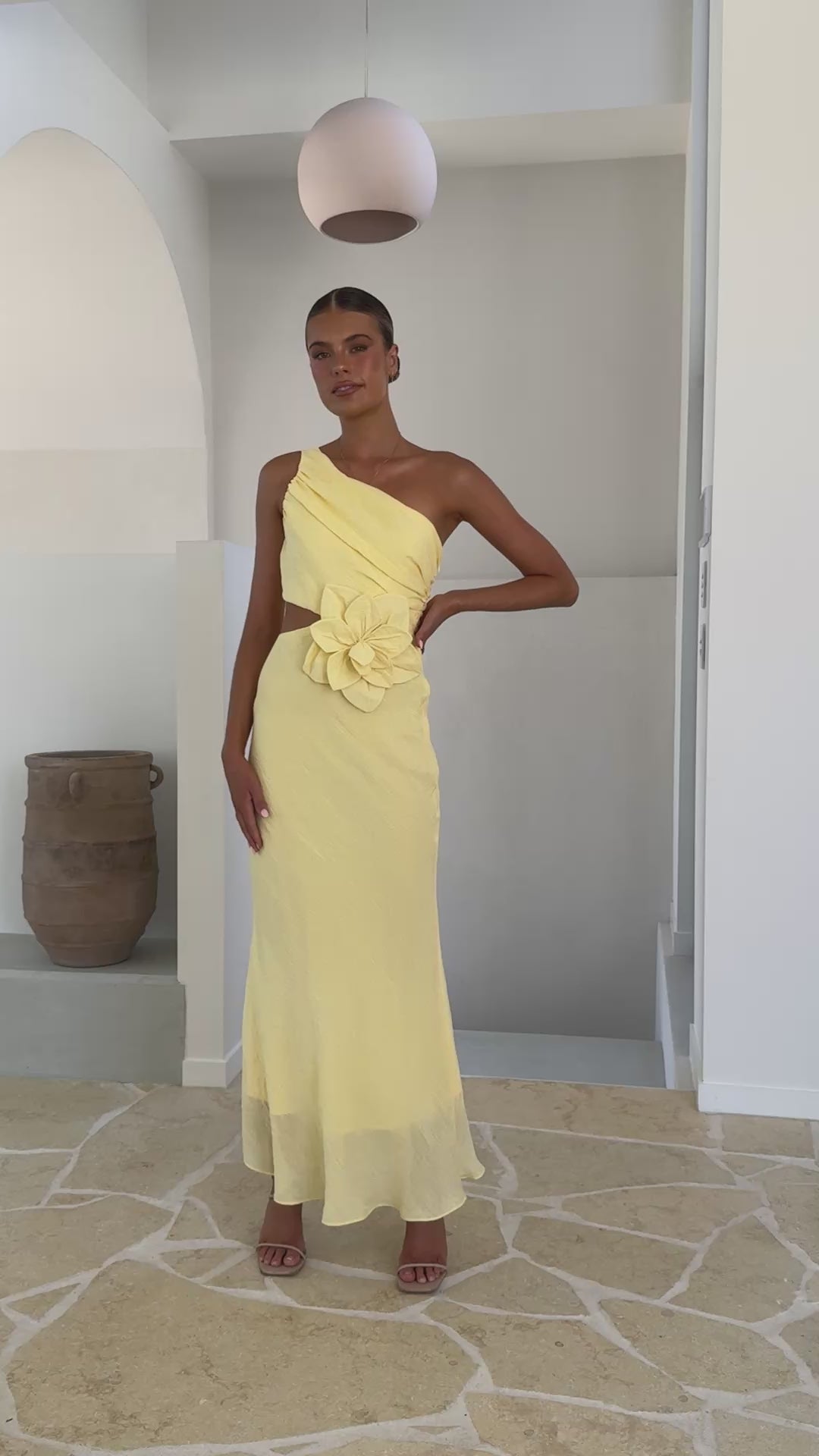 Load video: Bloom One Shoulder Cut Out Maxi Dress - Yellow - Billy J