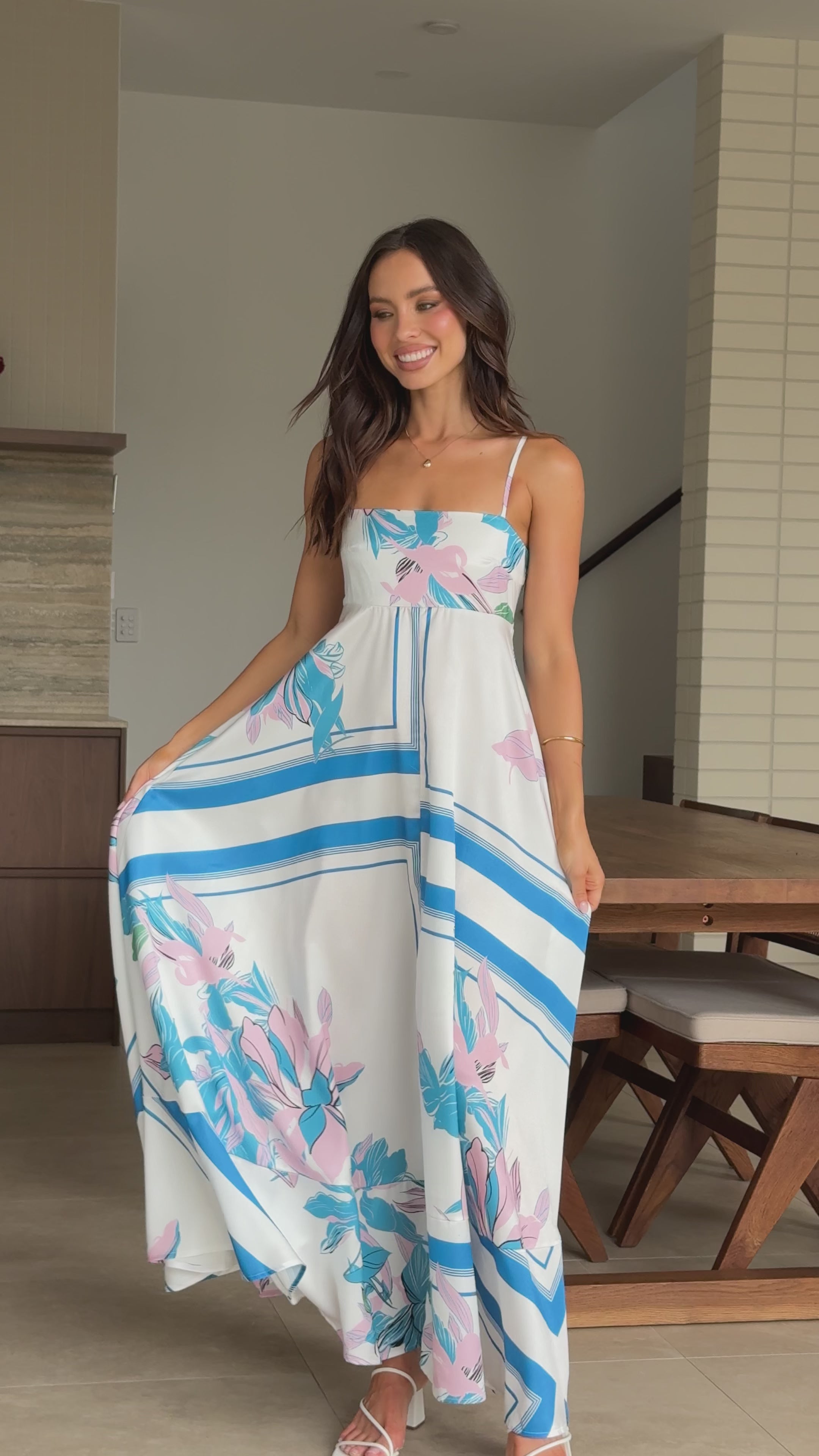 Load video: Kaethe Maxi Dress - White/Blue - Billy J