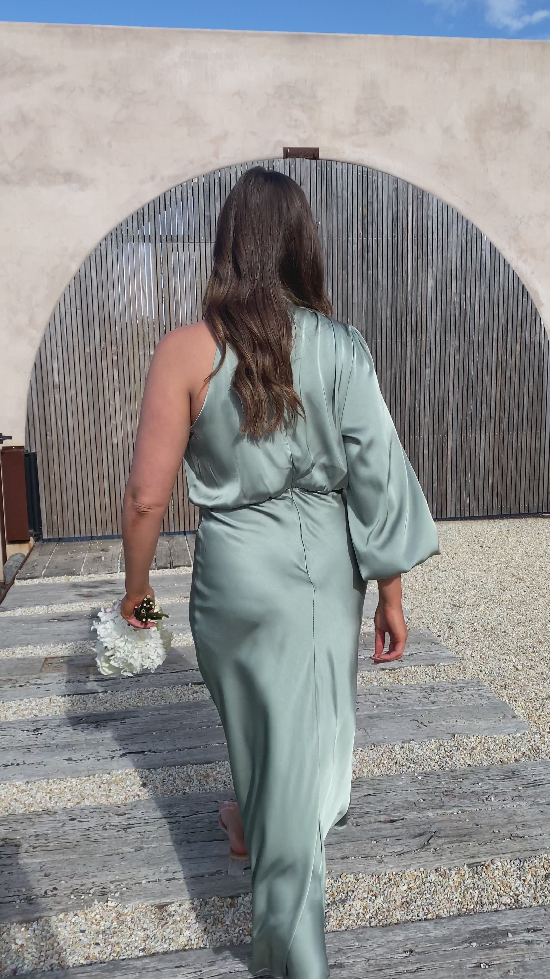 Load video: Esther One Shoulder Long Sleeve Dress - Green - Billy J