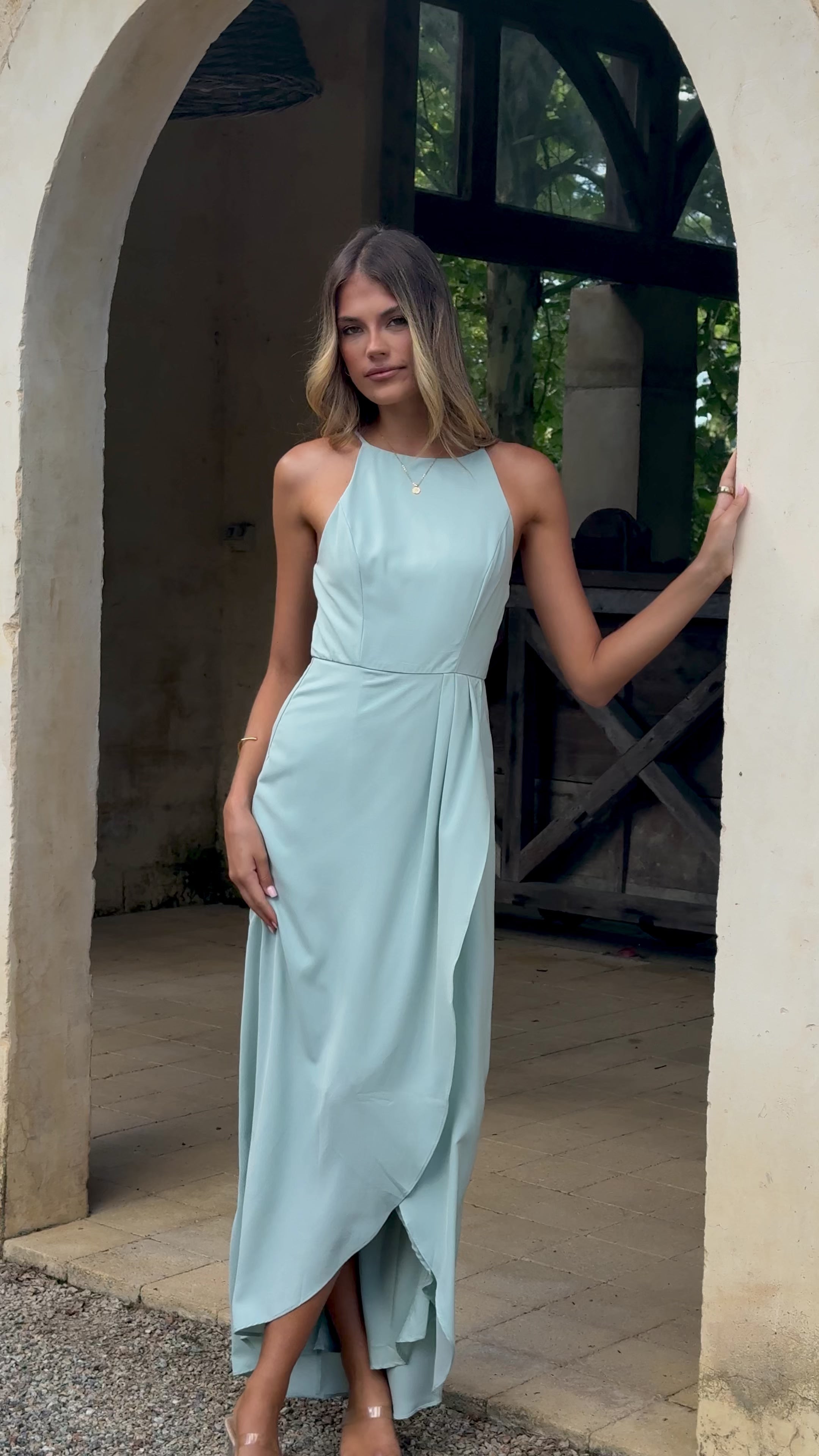 Load video: Genevieve Boat Neck Maxi Dress - Sage - Billy J