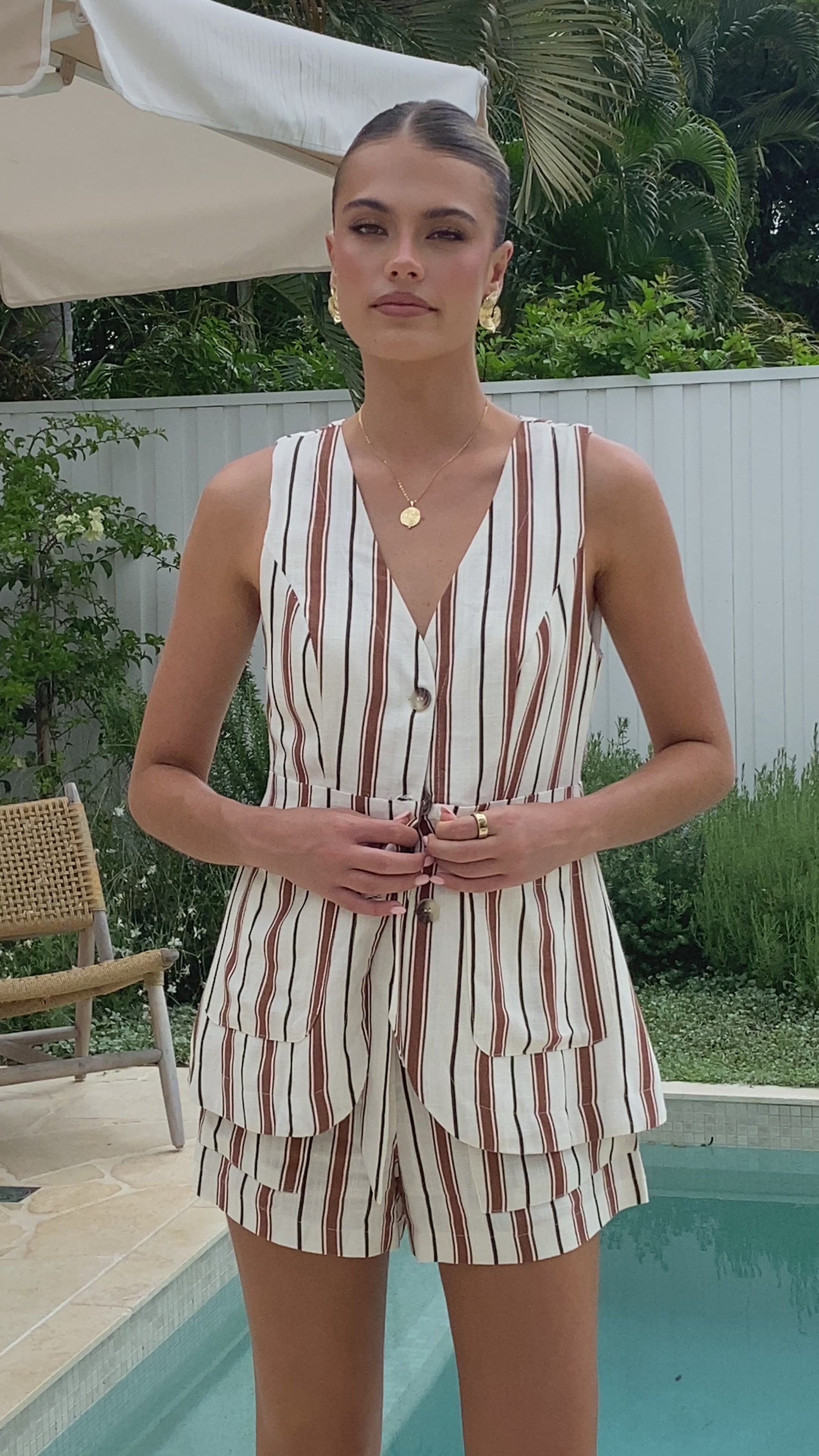 Load video: Varian Button Vest - Tan Stripe - Billy J