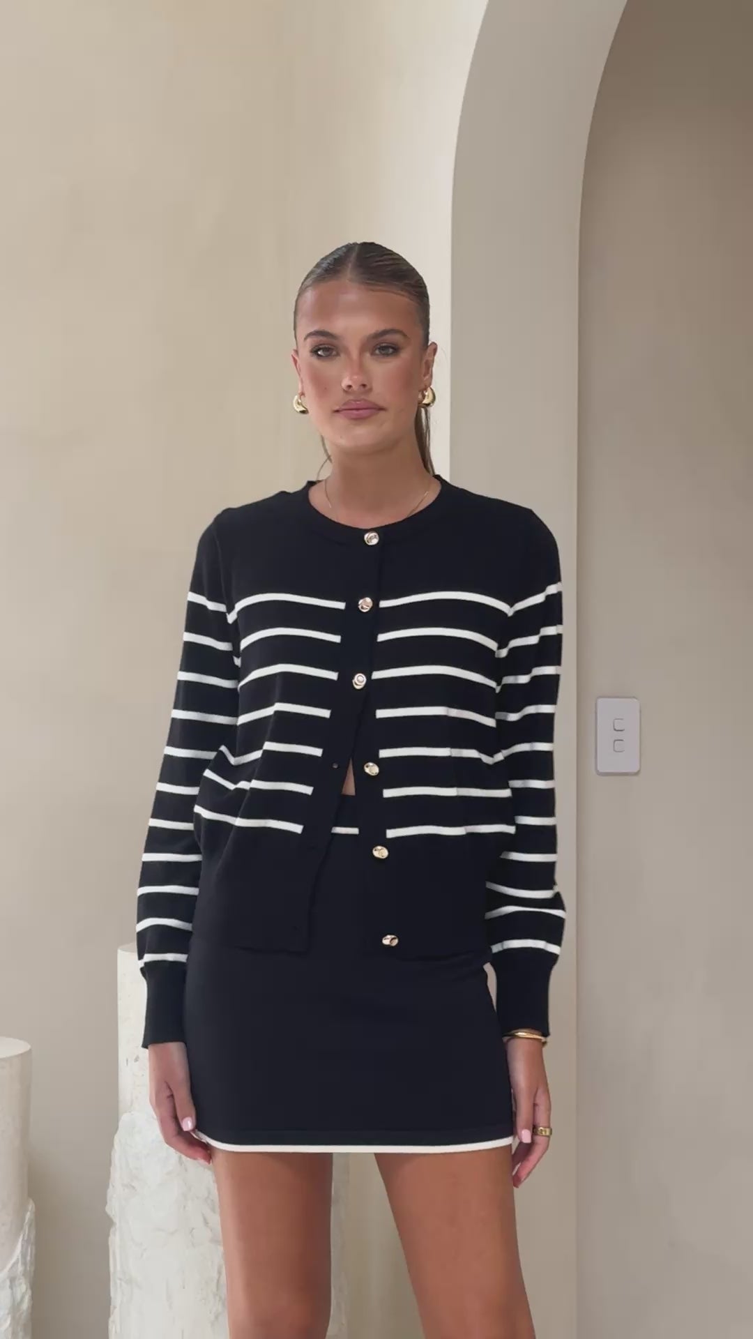 Load video: Milano Button Up Jumper - Black/White Stripe - Billy J