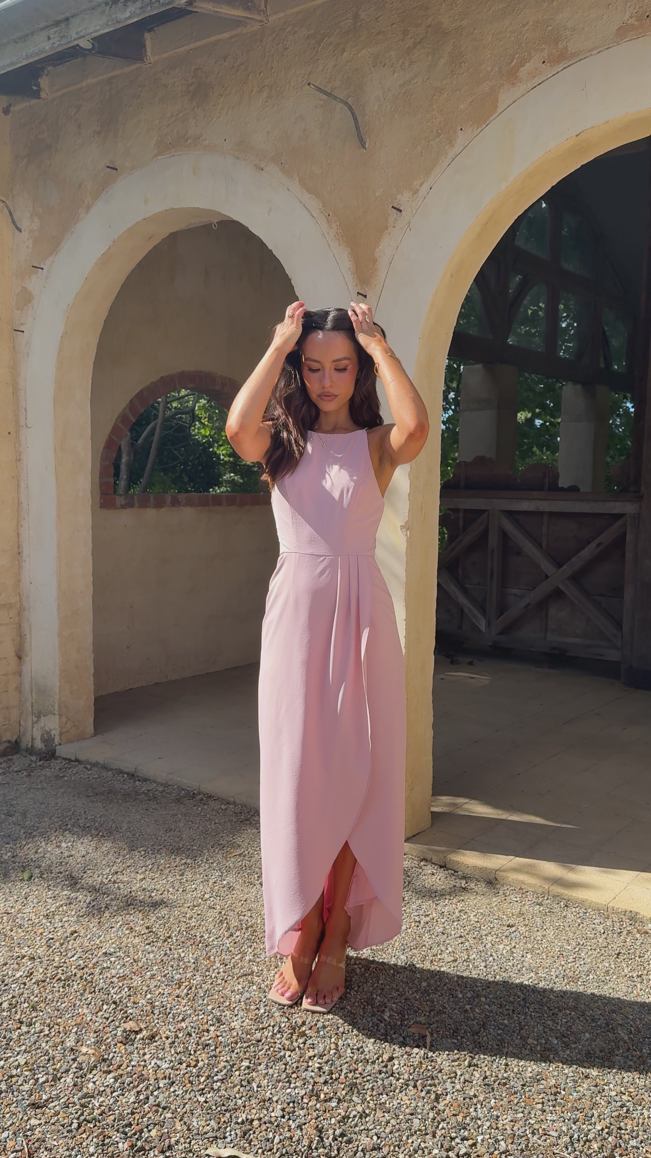 Load video: Genevieve Boat Neck Maxi Dress - Dusty Pink - Billy J
