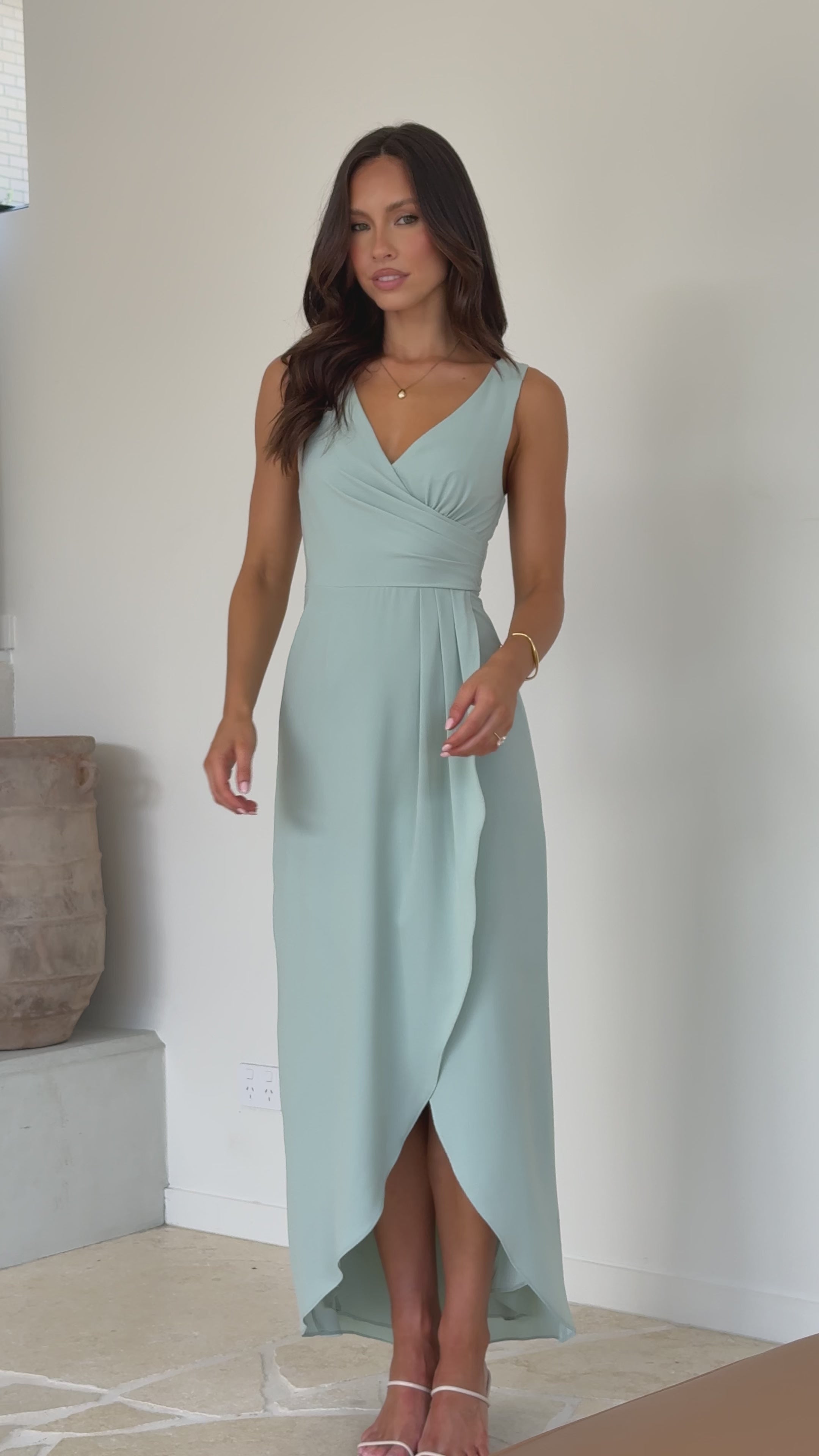 Load video: Pamela V Neck Maxi Dress - Sage - Billy J