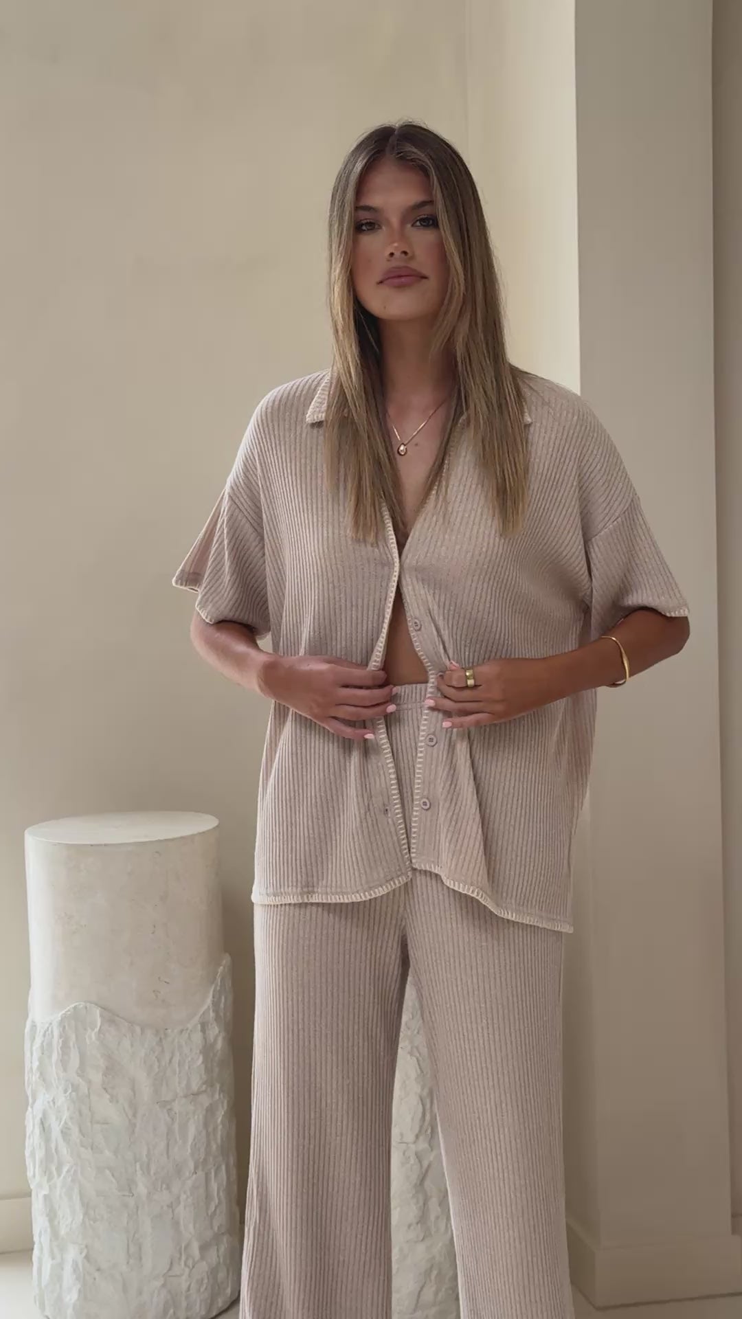 Load video: Madian Button Up Shirt and Pants Set - Taupe - Billy J