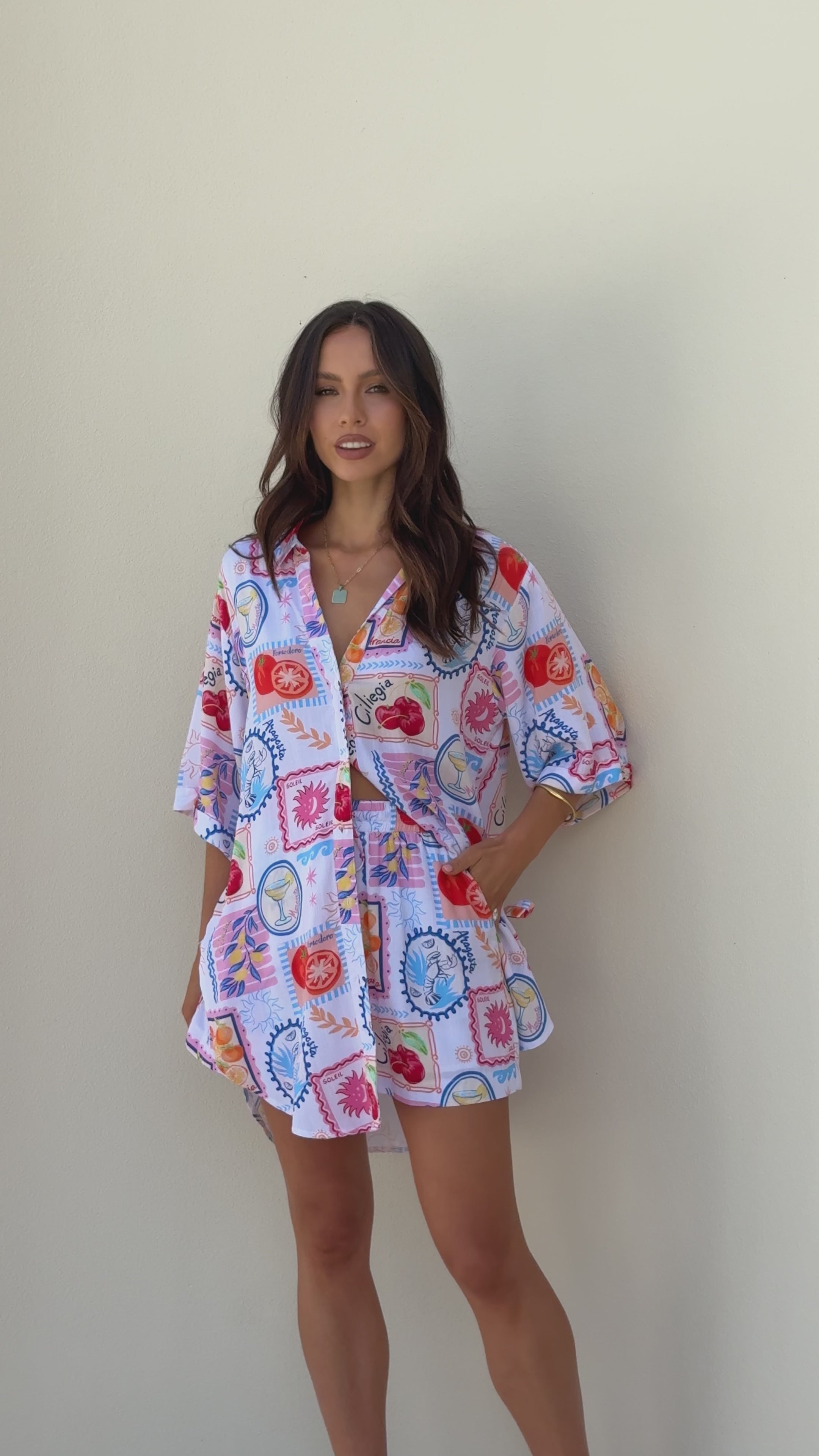 Load video: Aria Button Up Shirt and Short Set - Travel Tales White - Billy J
