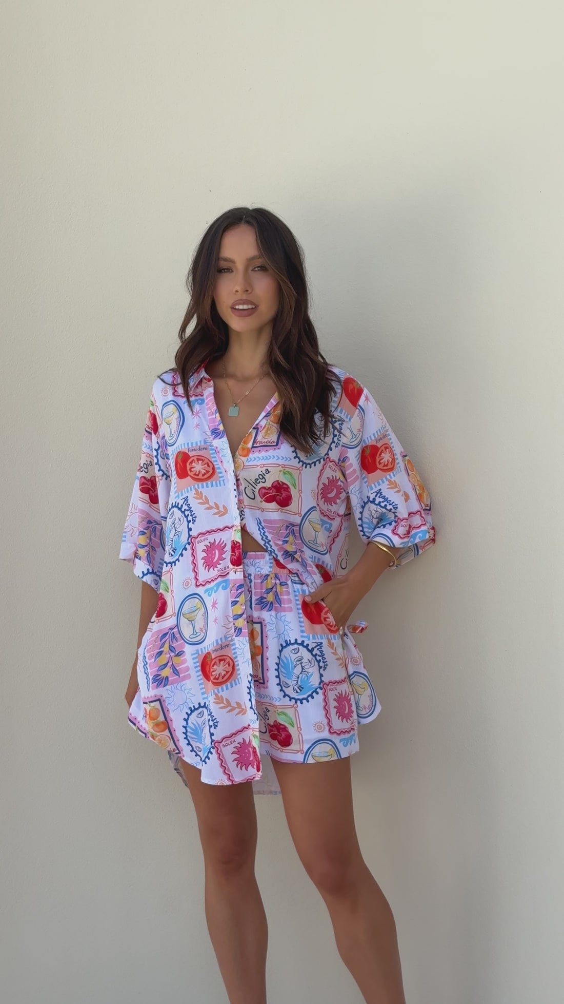 Aria Button Up Shirt and Short Set - Travel Tales White - Billy J