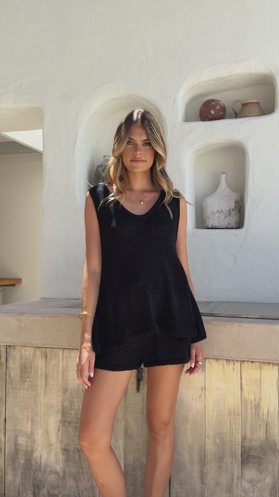 Load video: Summer Knit Top and Shorts Set - Black - Billy J