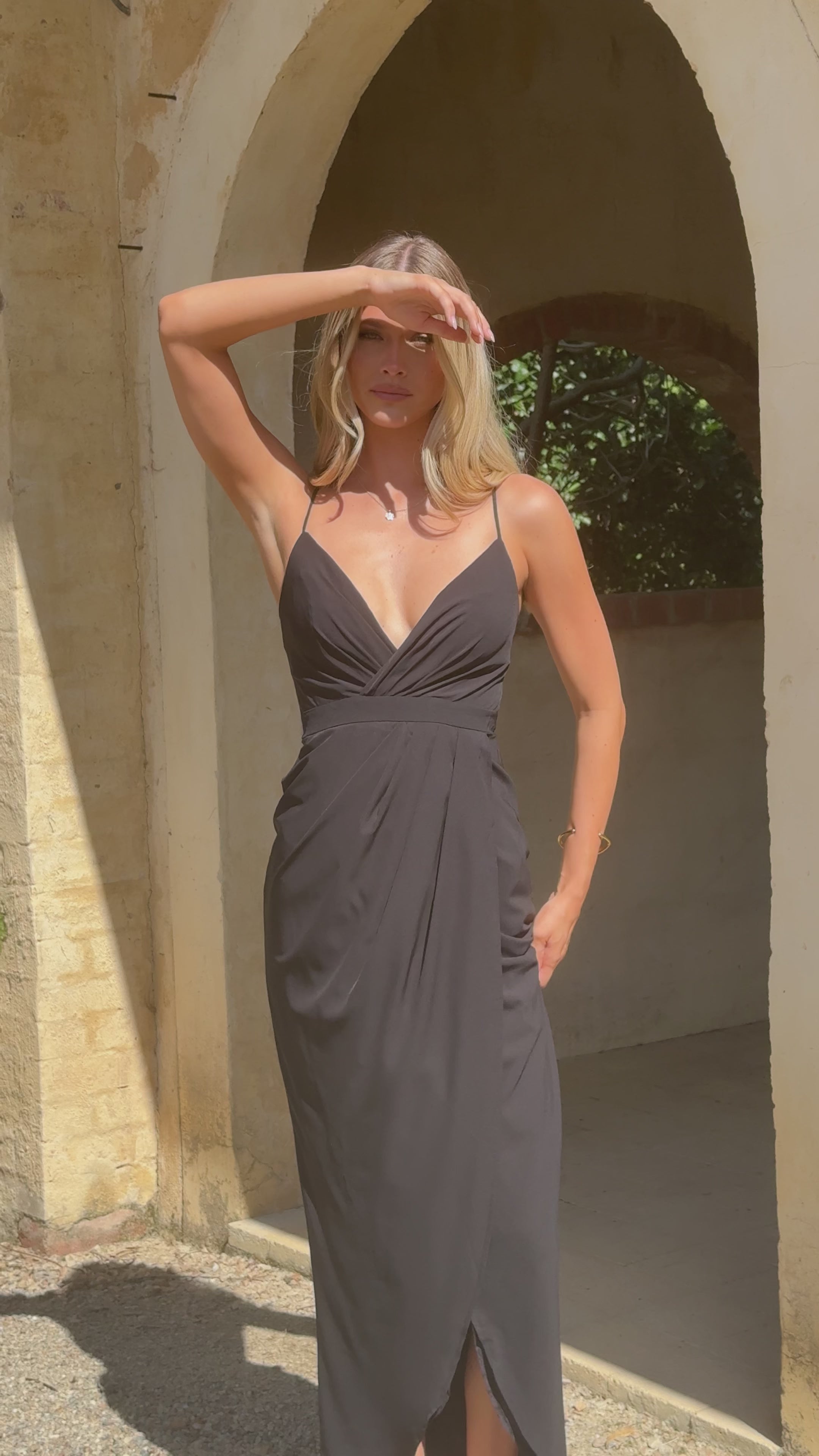 Load video: Charlotte Draped Maxi Dress -Black - Billy J