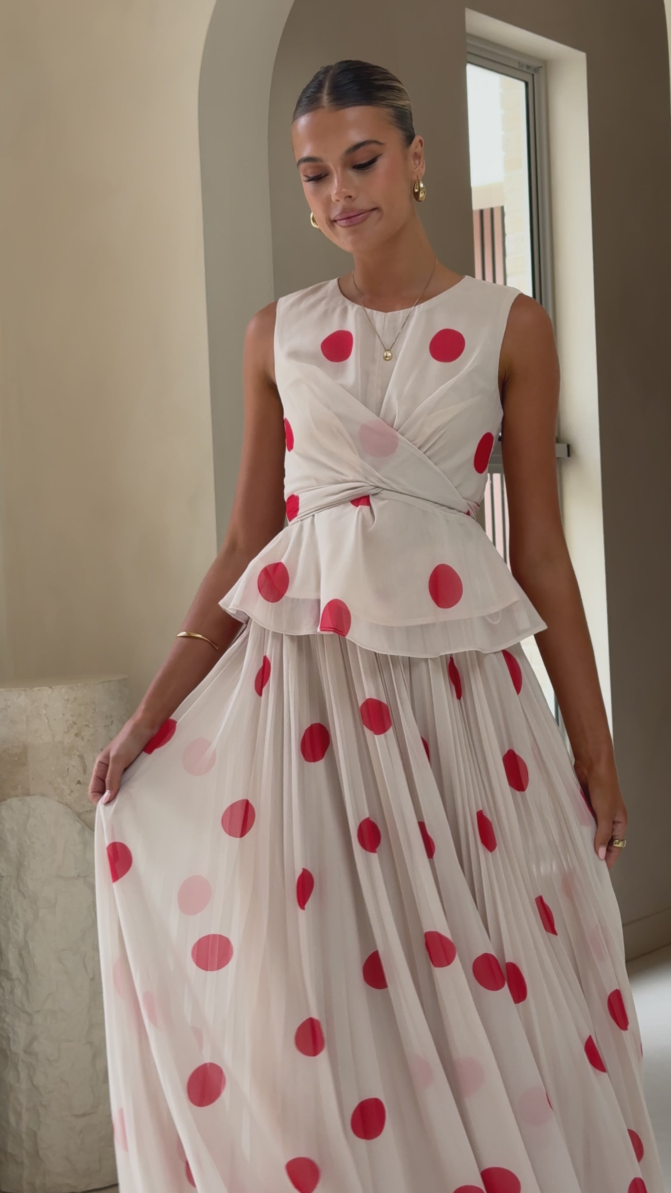 Load video: Cambree Peplum Top and Maxi Skirt Set - Beige / Red Polka Dot - Billy J