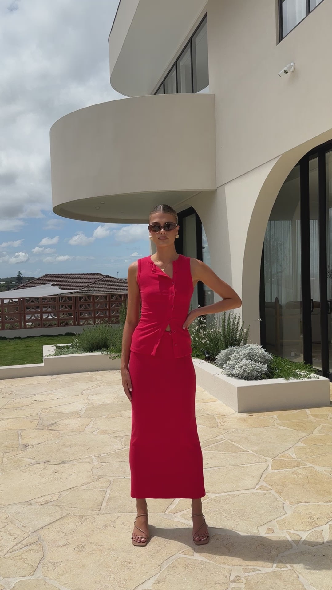 Load video: Rahela Button Top and Maxi Skirt Set - Red - Billy J