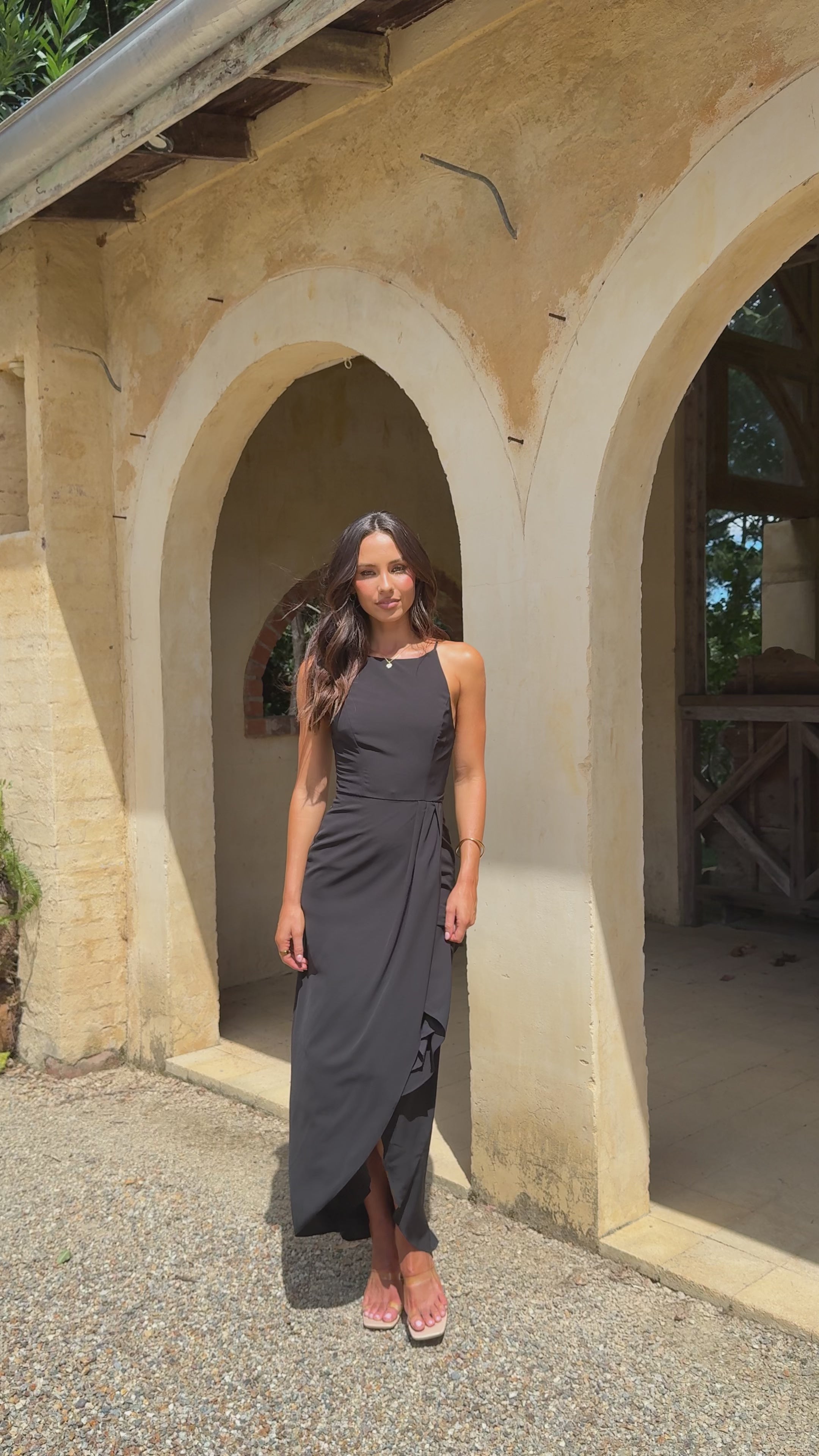 Load video: Genevieve Boat Neck Maxi Dress - Black - Billy J