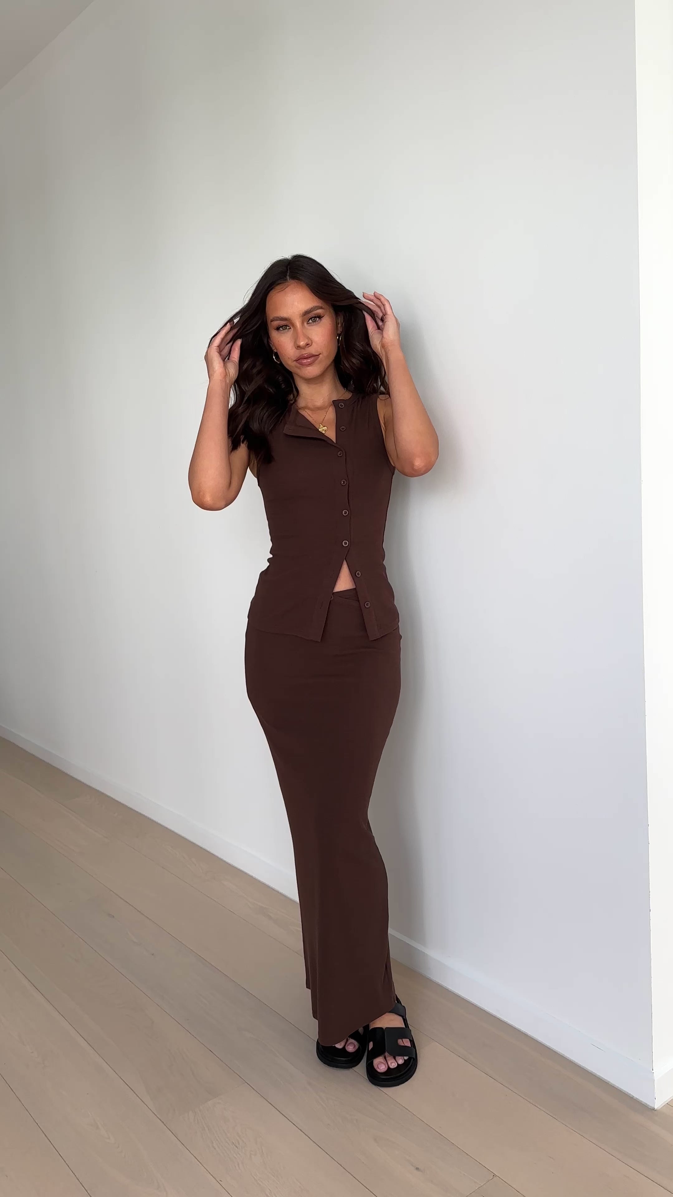 Load video: Rahela Button Top and Maxi Skirt Set - Chocolate - Billy J