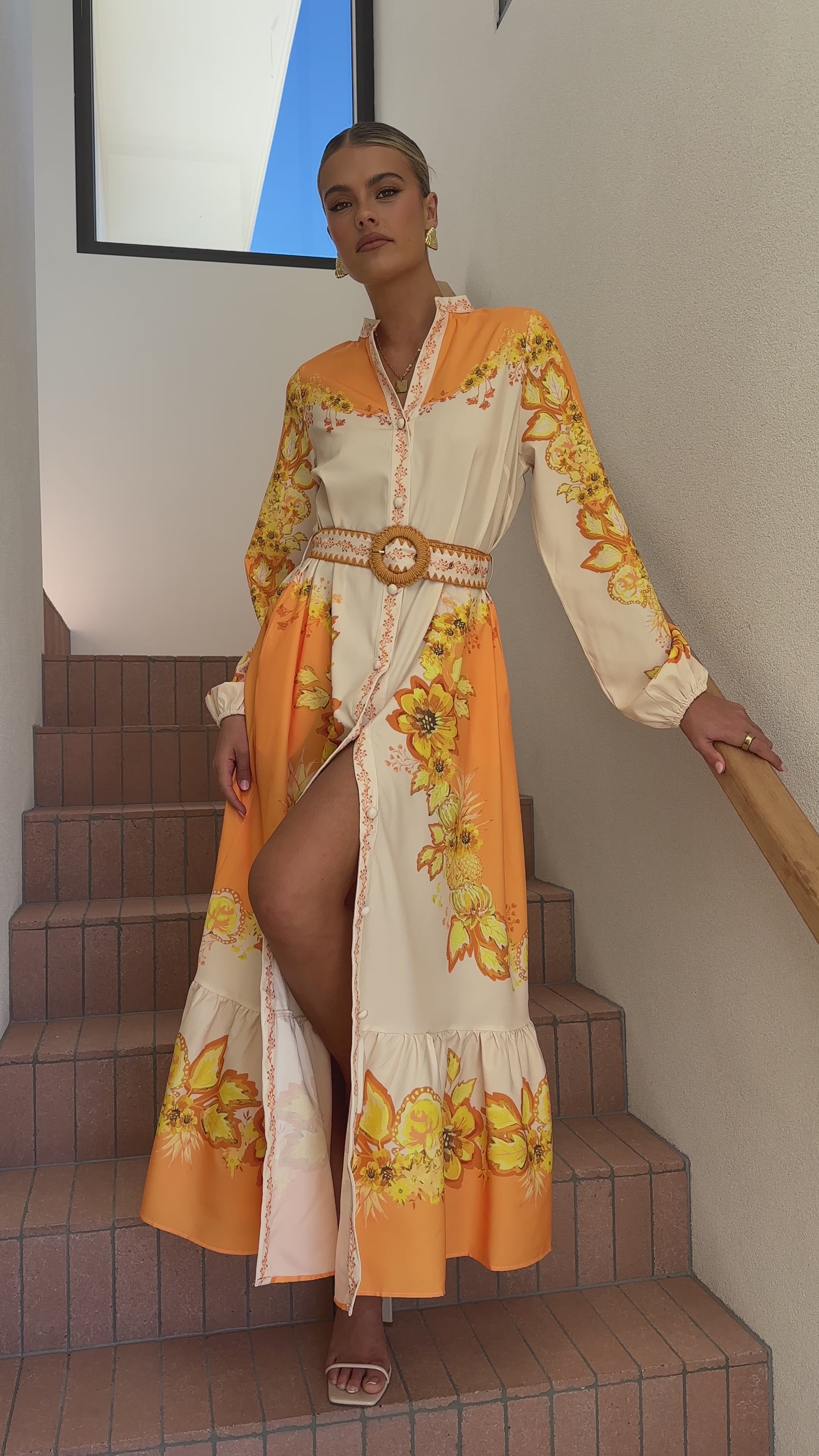 Load video: Addison Maxi Dress - Orange/Yellow Floral - Billy J