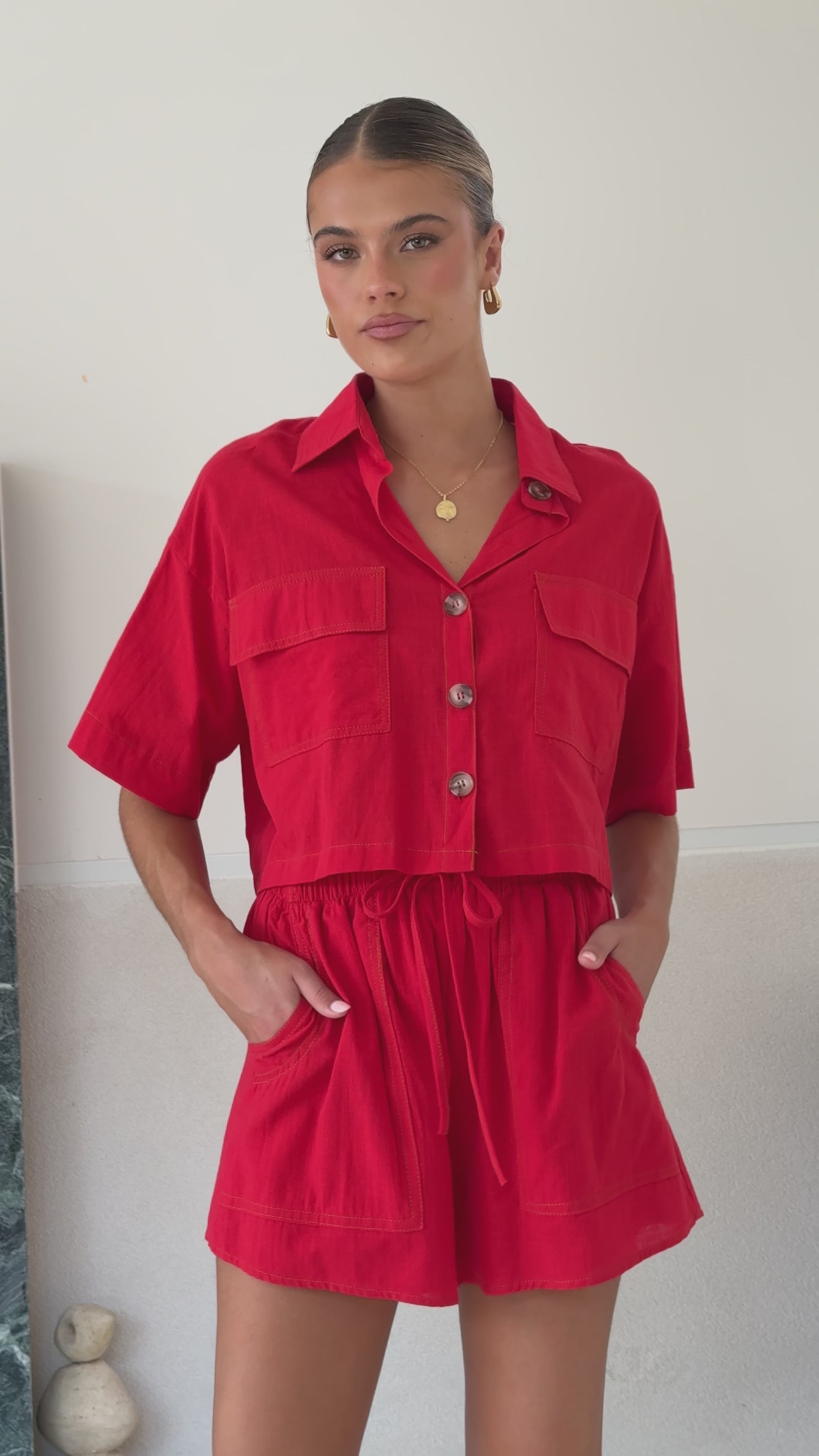 Load video: Bridgette Cropped Shirt and Shorts Set - Red - Billy J