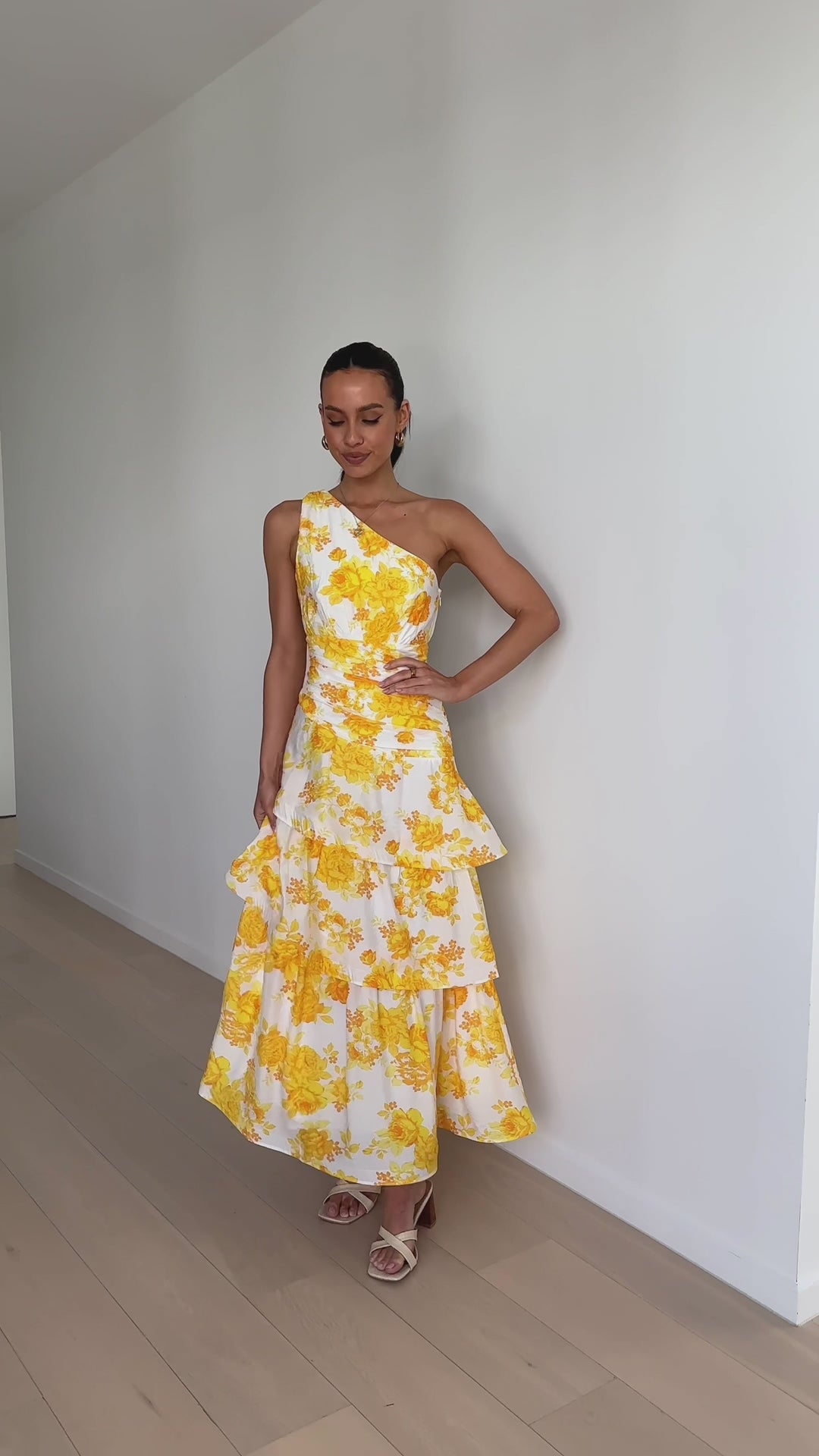 Load video: Odilie One Shoulder Maxi Dress - Yellow Floral - Billy J