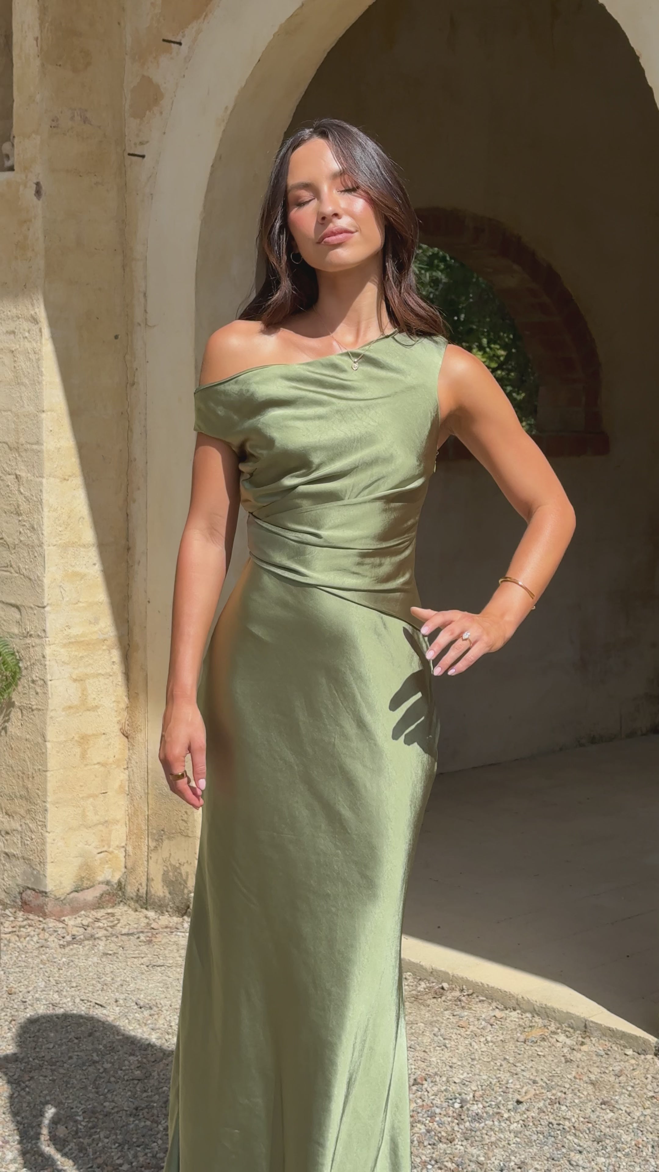 Load video: Auria Off Shoulder Maxi Dress - Olive - Billy J